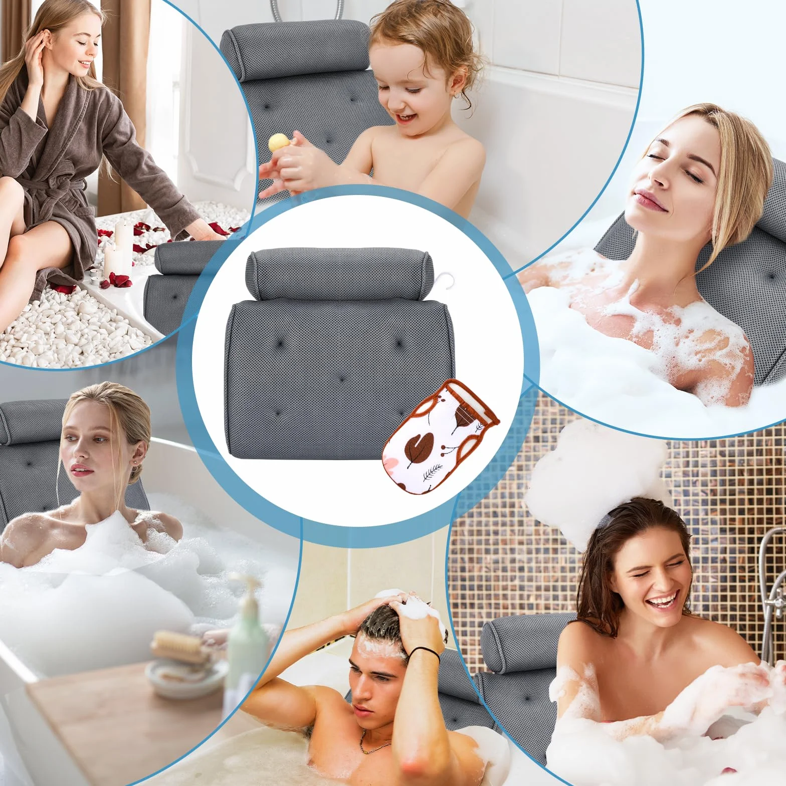 Coussin Baignoire Ergonomique avec 4D Air Mesh & 5 Ventouses pour Tous Types de Baignoires, Spa, Jacuzzi