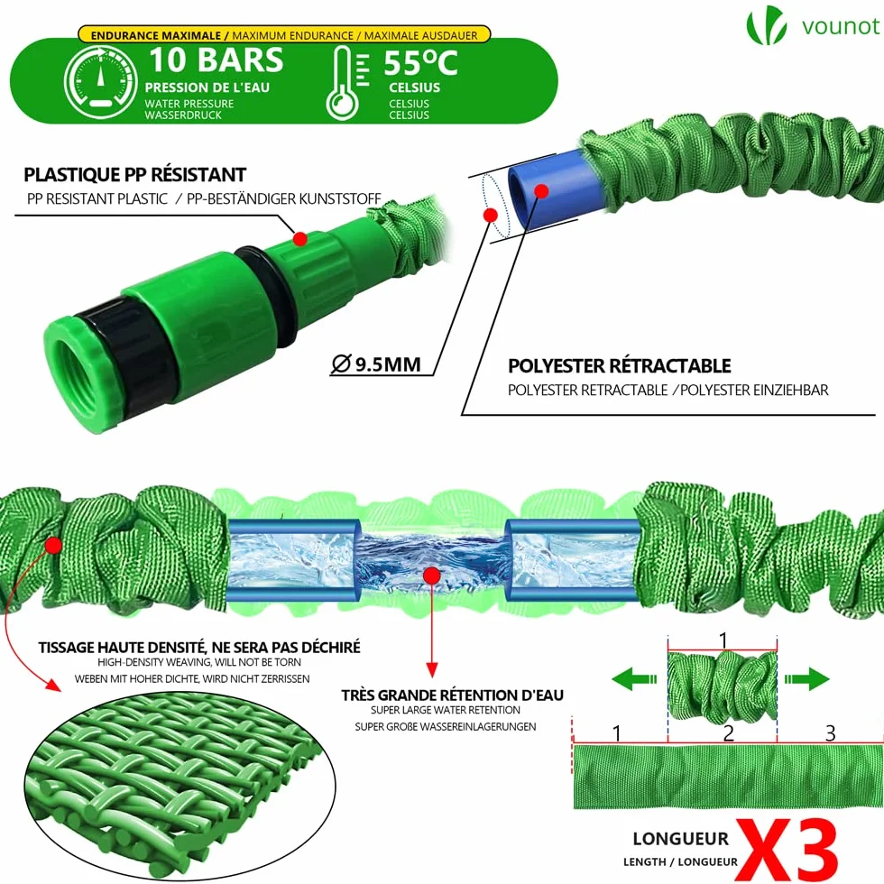VOUNOT® Tuyau d'Arrosage Extensible 30m 1/2" 3/4" 10 Modes de Pulvérisation Anti-Fuite Raccord Sac de Rangement Vert