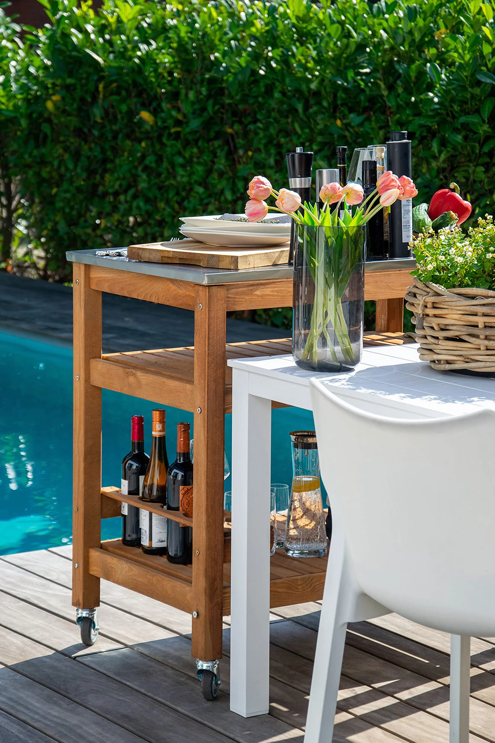 dobar Desserte à roulettes d'extérieur Plateau Acier Inoxydable 94 x 58 x 90 cm Pin Marron