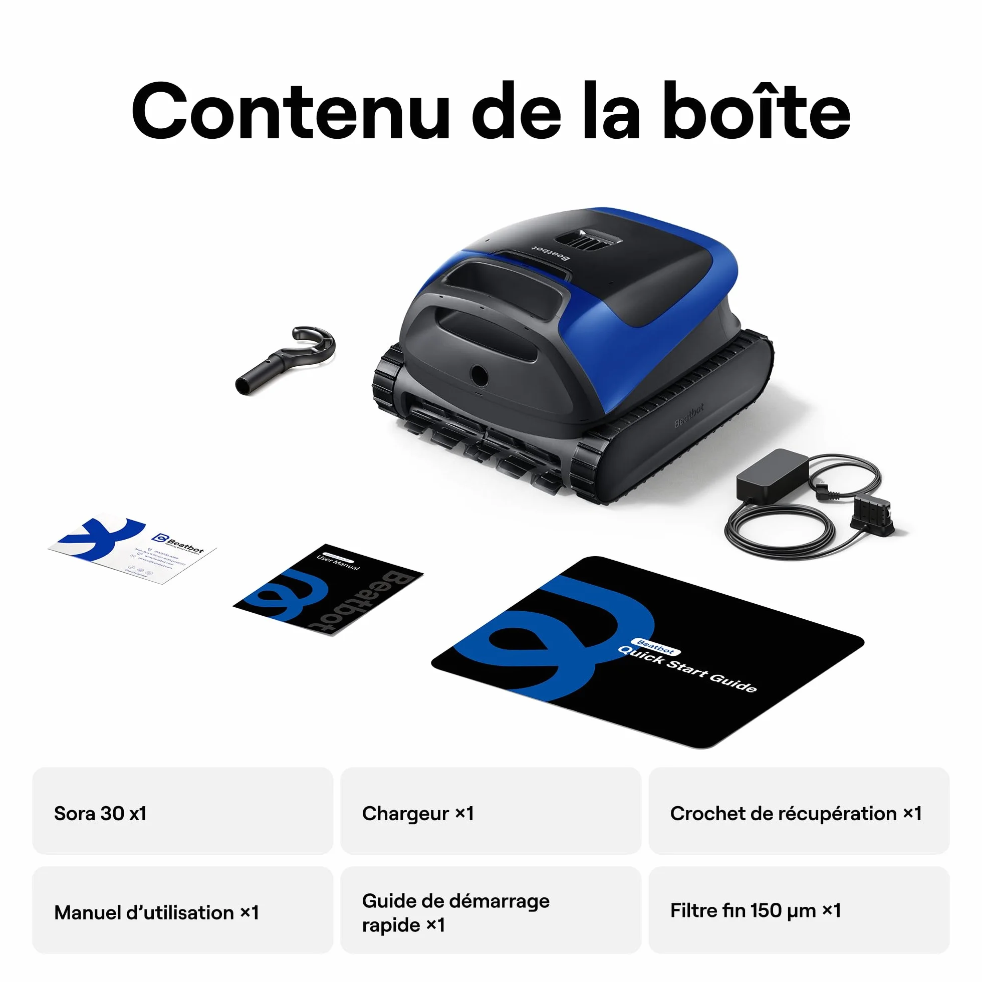 Beatbot Sora 30 Robot Piscine sans Fil, Nettoyage 3-en-1 Fond/Parois/Ligne d'eau, Filtre 5L, Aspirateur Connecté Bleu