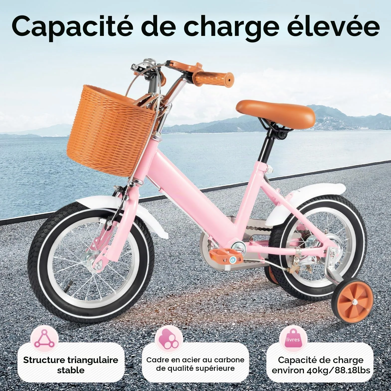 Vélo pour enfant de 12 ", vélo pour enfants à partir de 3 ans, vélo pour enfants avec panier et roues stabilisatrices, siège et guidon réglables en hauteur