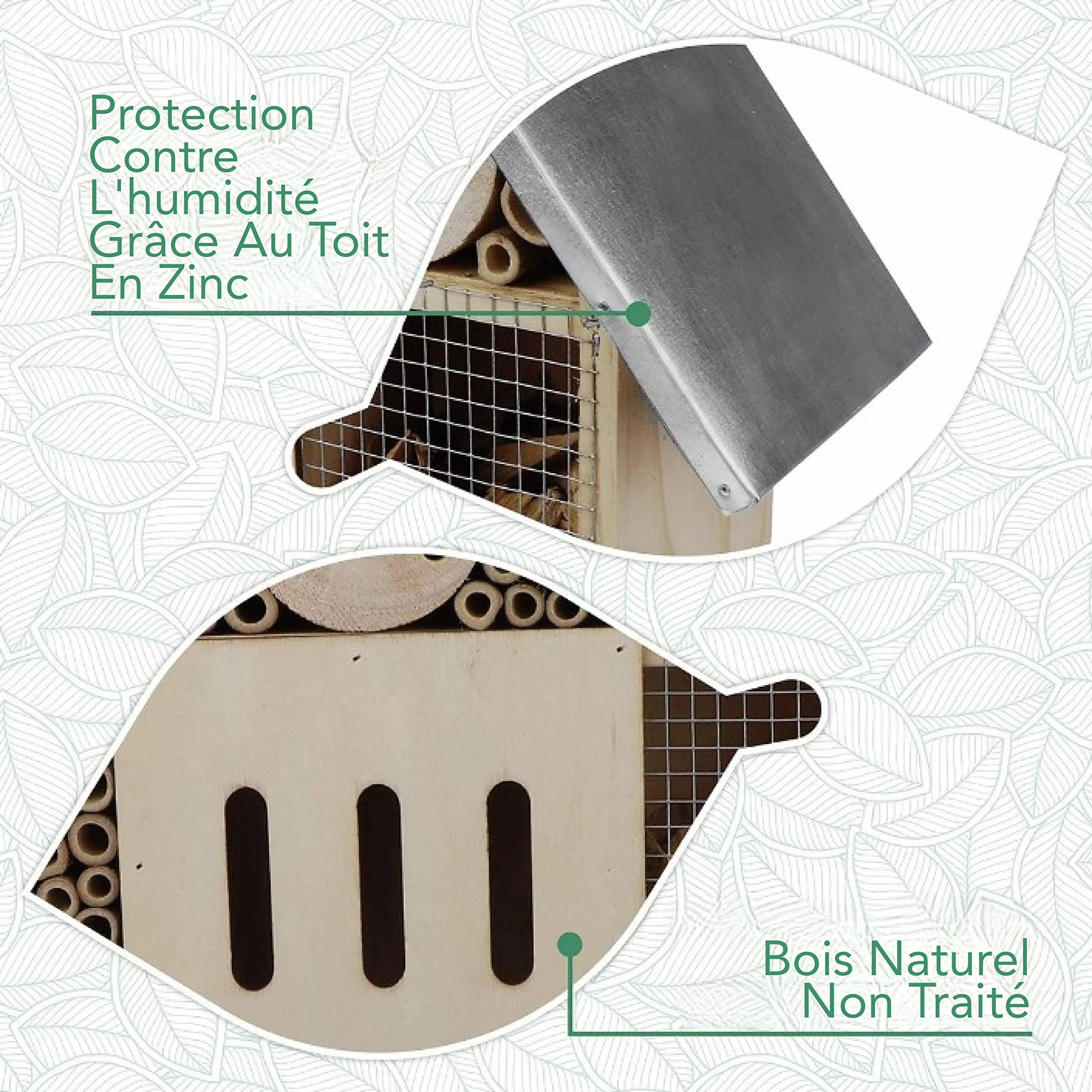 Hôtel pour Insectes XXL Debout 76cm Toit Métallique Grand Non Traité Maison pour Abeilles Papillons
