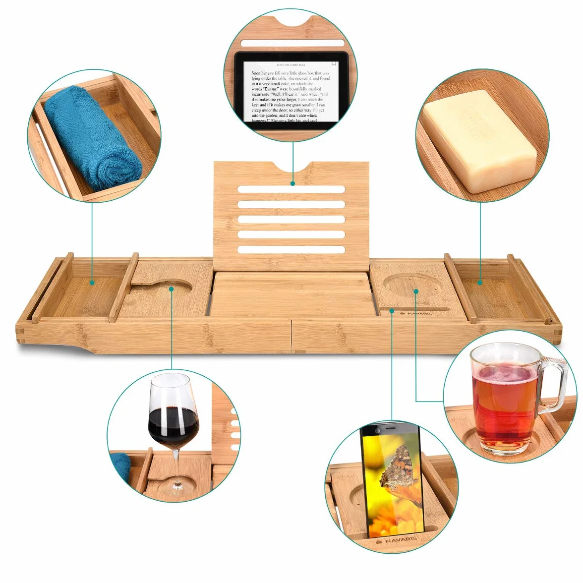 Navaris Pont de Baignoire Extensible Bambou Plateau de Bain Pied Pliable Support Tablette Livre Téléphone Verre