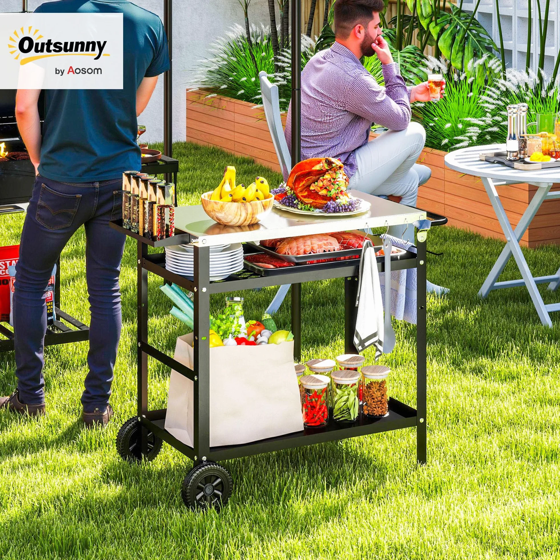 Outsunny Desserte Plancha Extérieure Acier Inoxydable Chariot Barbecue 100x52x80cm Noir