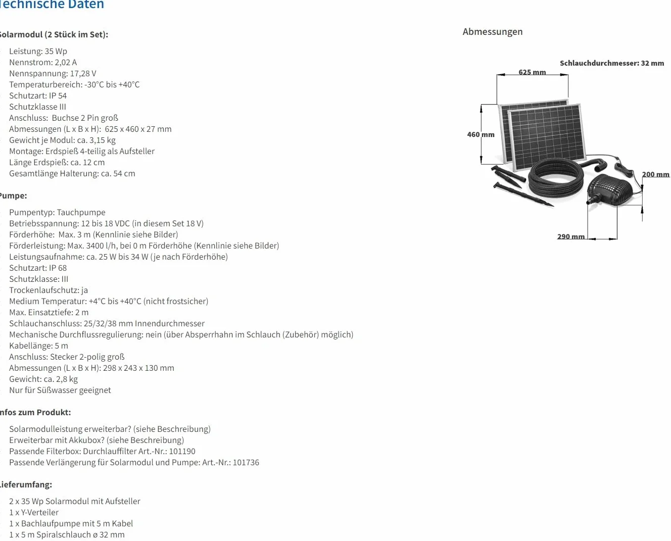 Pompe de ruisseau solaire 70 W 3400 l/h 3 m débit 5 m tuyau 32 mm