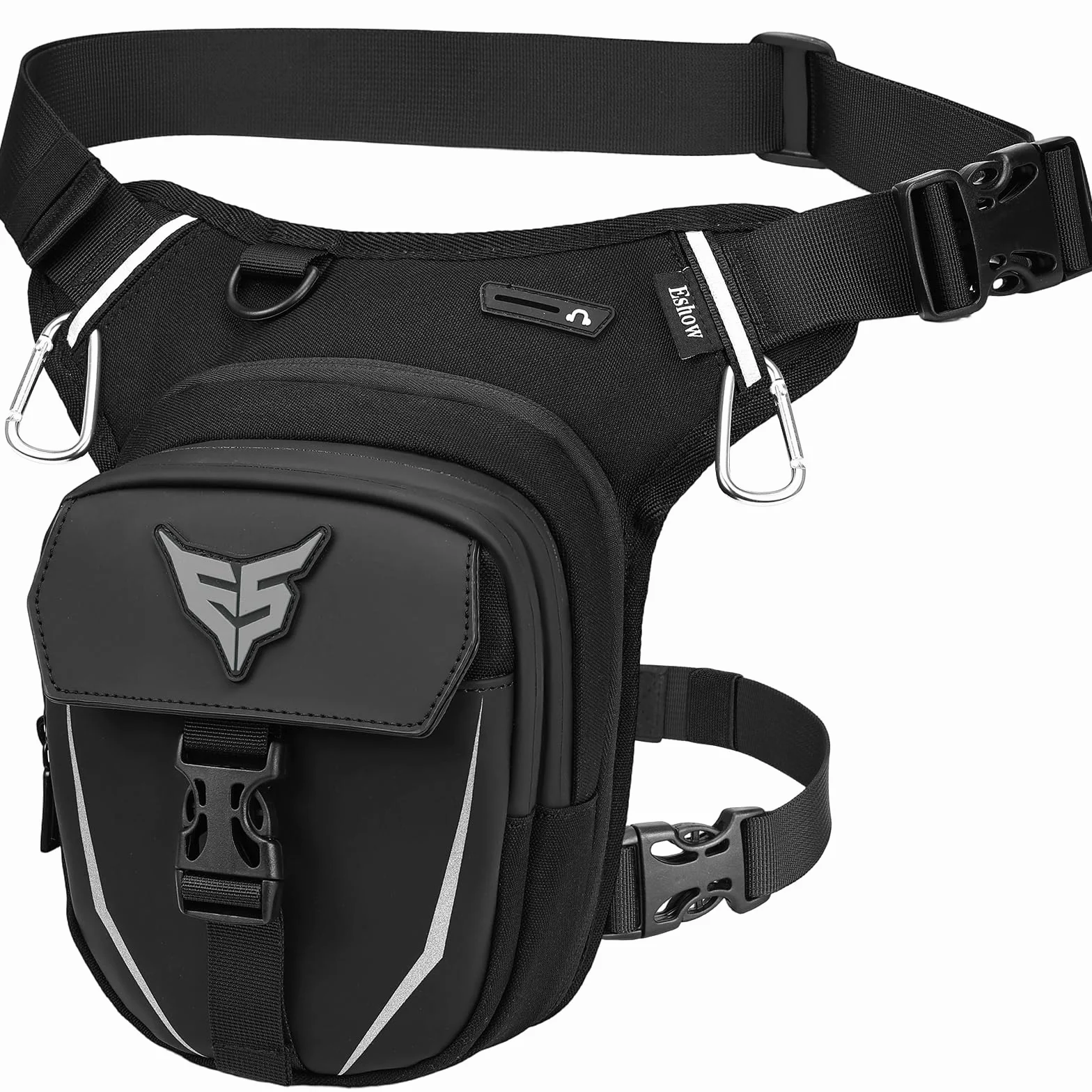 Eshow Sacoche de Jambe Moto Capacité Extensible,Sac Banane Homme Femme Bande Réfléchissante, Ceinture Réglable, 4 Mousquetons Randonnée Outdoor