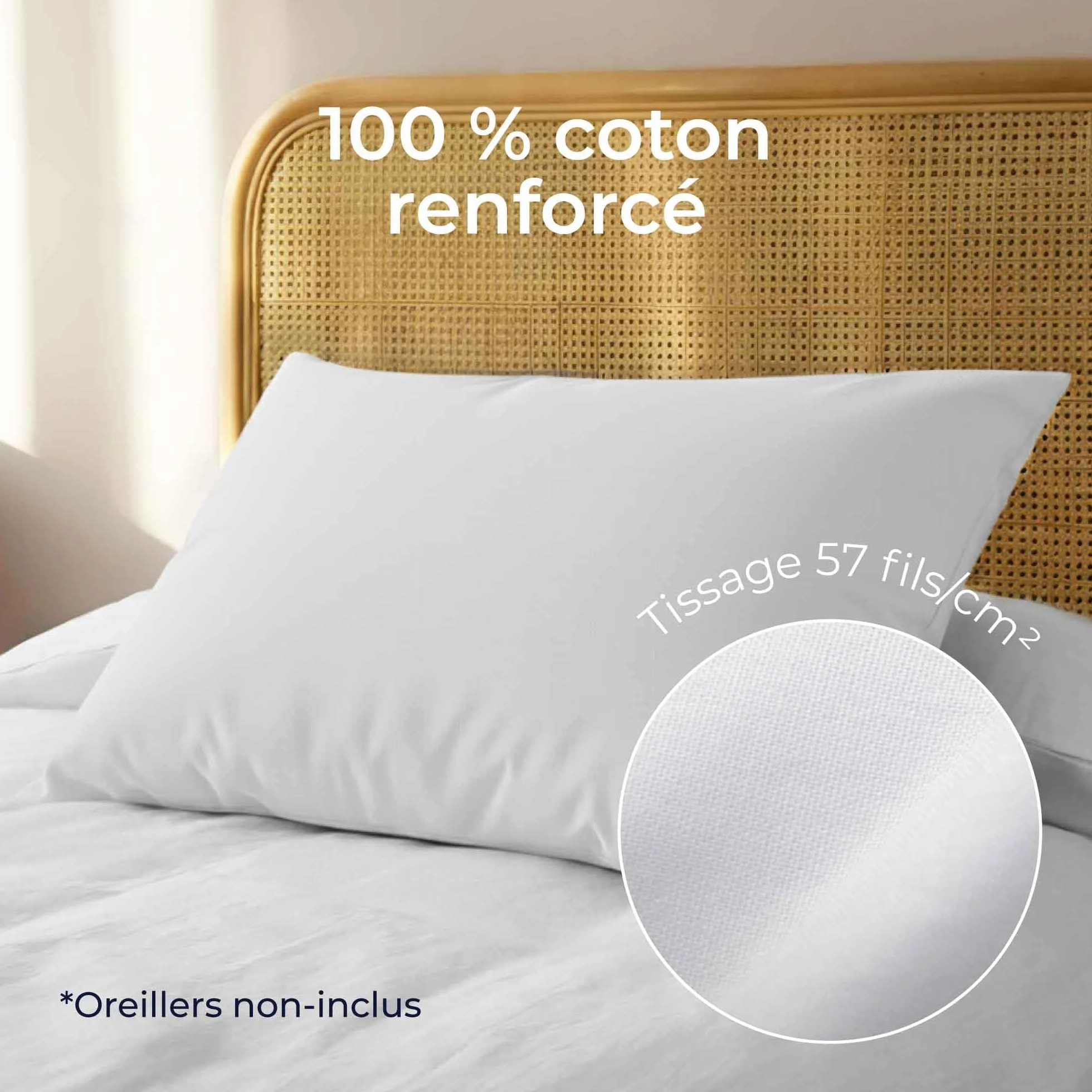 Taie Oreiller 50x70 Coton Renforcé Set de 2 Blanc 57 Fils/cm² Certifié Oeko Tex