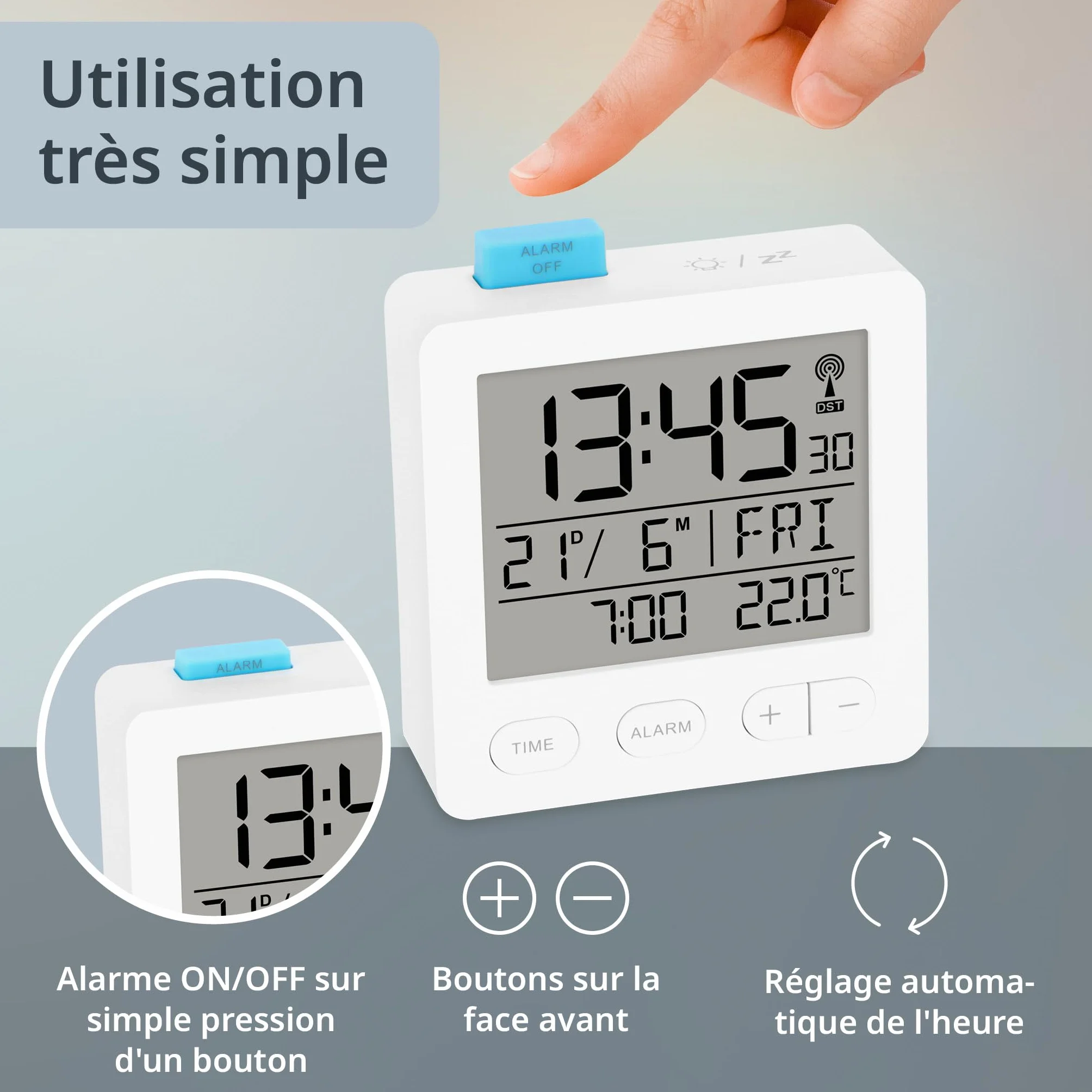 ADE Réveil Radio-piloté Numérique avec Piles, Horloge Radio-pilotée, Température, Date, Blanc