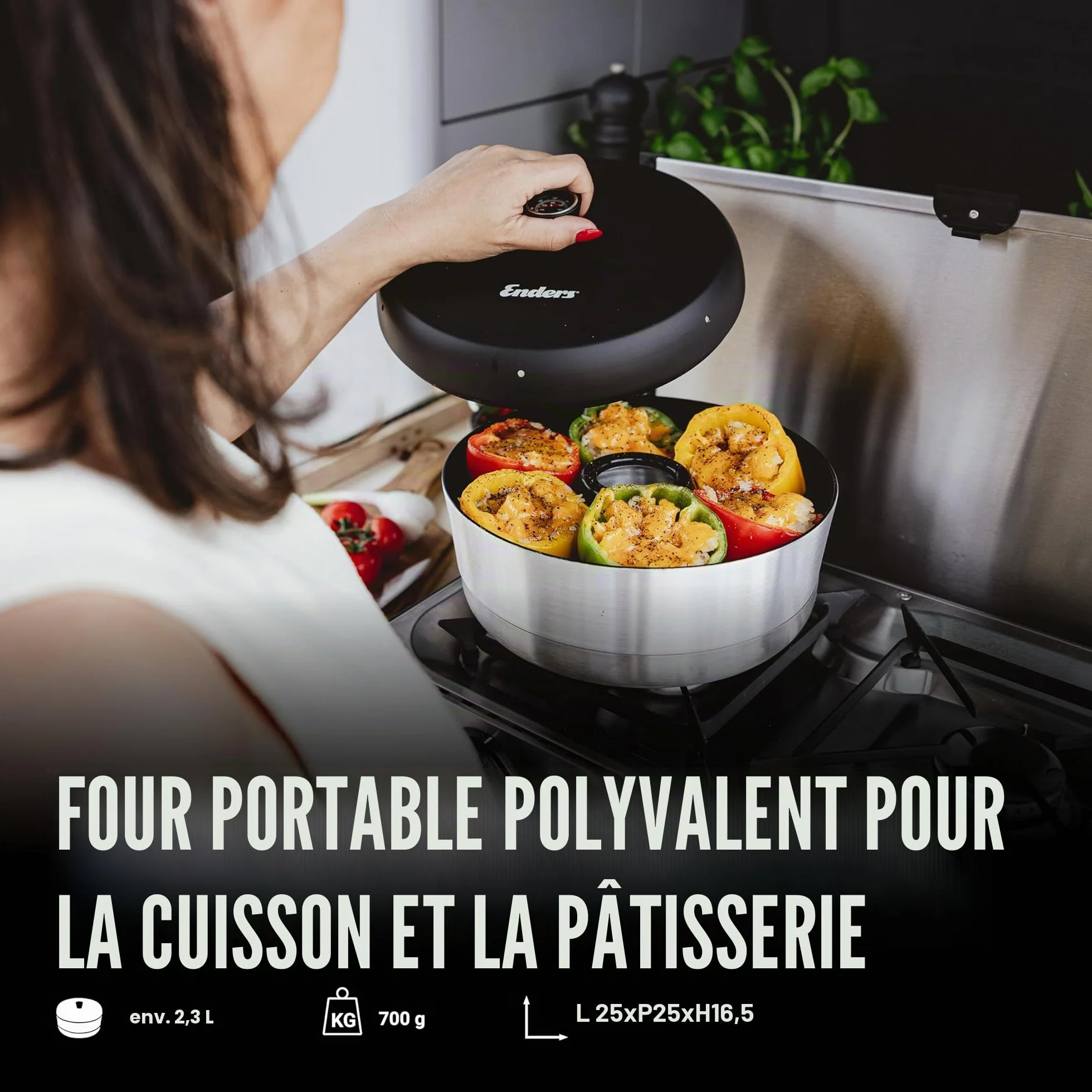 Enders® VAMO™ - Four mobile de camping - Pour cuire, cuire et cuisiner - Compatible avec cuisinières, barbecues ou plaques de cuisson - sauf induction - Capacité : environ 2,3 l - Thermomètre intégré