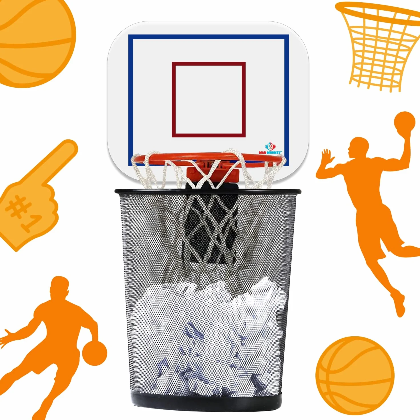 Mad Monkey Basketballkorb Mülleimer mit Sound - Orange Papierkorb für Jugendzimmer Büro