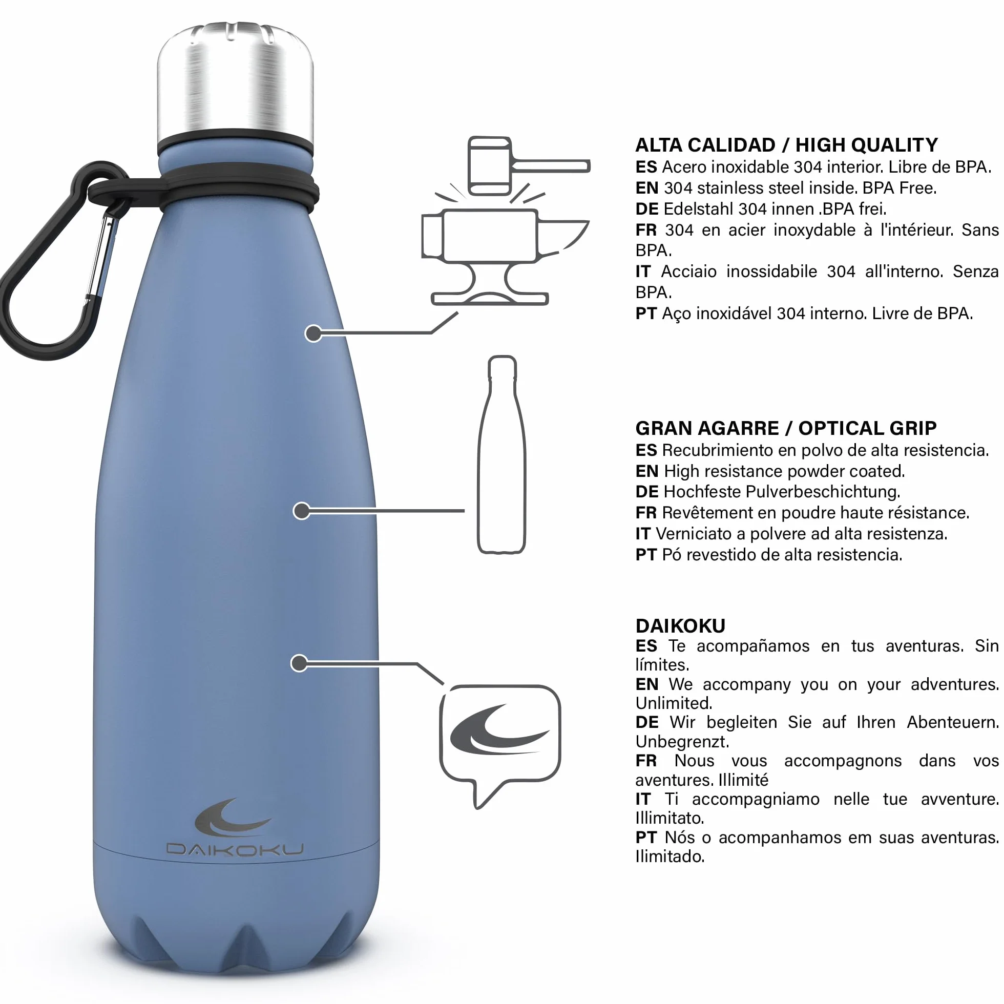 Daikoku - Bouteille Thermique en Acier Inoxydable 350 ML | Boissons Chaudes Pendant 12 Heures et Froides Pendant 24 Heures | Sûre et Saine | Idéale pour la Randonnée, Le Gymnase, Le Bureau | Bleu