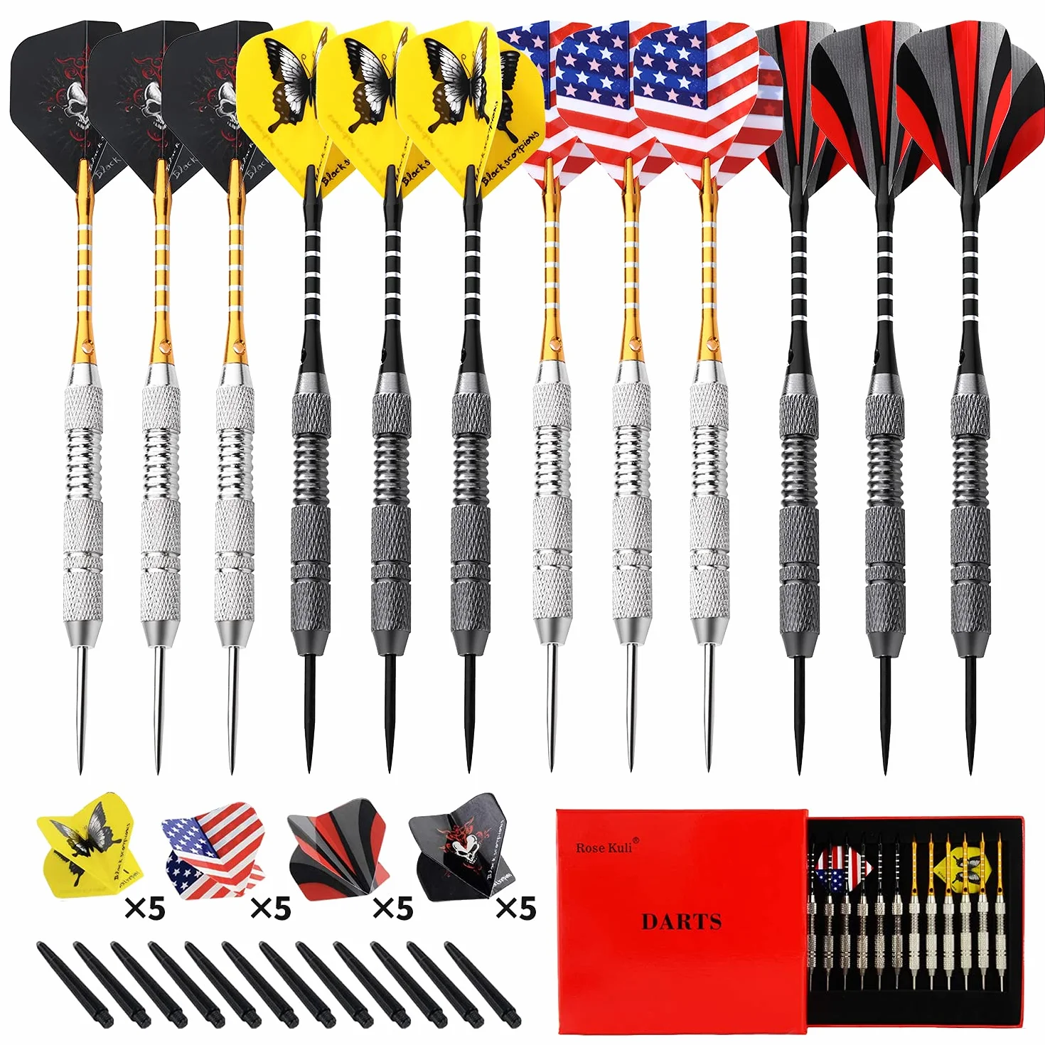 Lot de 12 Fléchettes Pointe Acier, Jeu de Fléchettes Professionnelles de 24g avec 20 ailettes (4 Styles) + 12 tiges en Aluminium, Accessoires pour Flechettes Professionnel