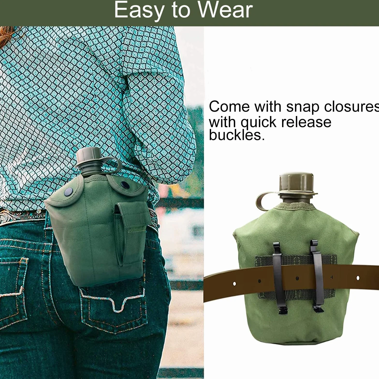 BeGrit Bouteille d'eau militaire avec bouteille d'eau de 1 L pliable en aluminium avec poignée et sac de rangement pour la survie en plein air, la randonnée, la randonnée (vert)