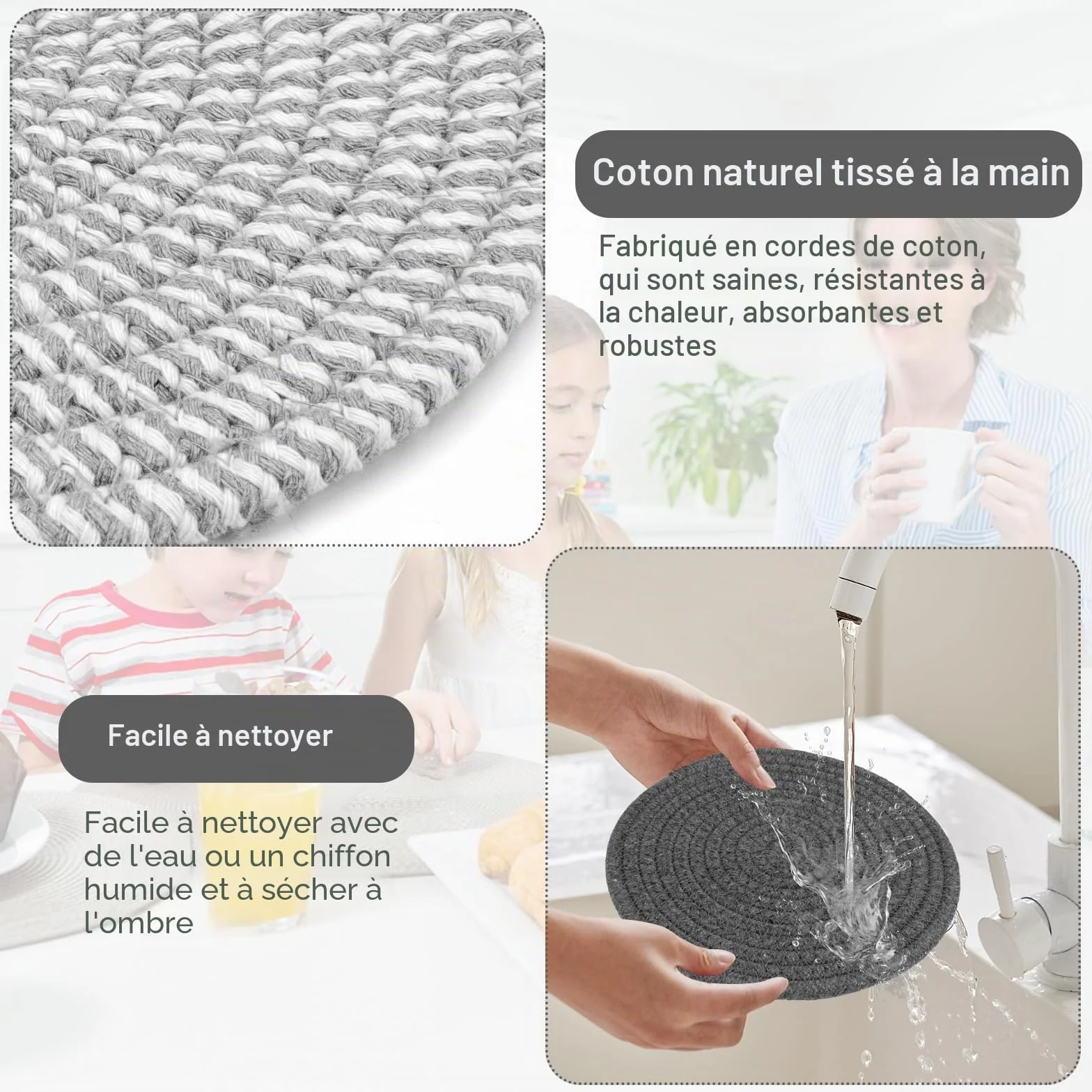 Lot de 4 Dessous de Plats Résistants à la Chaleur 18 cm en Coton Tissé Ronds