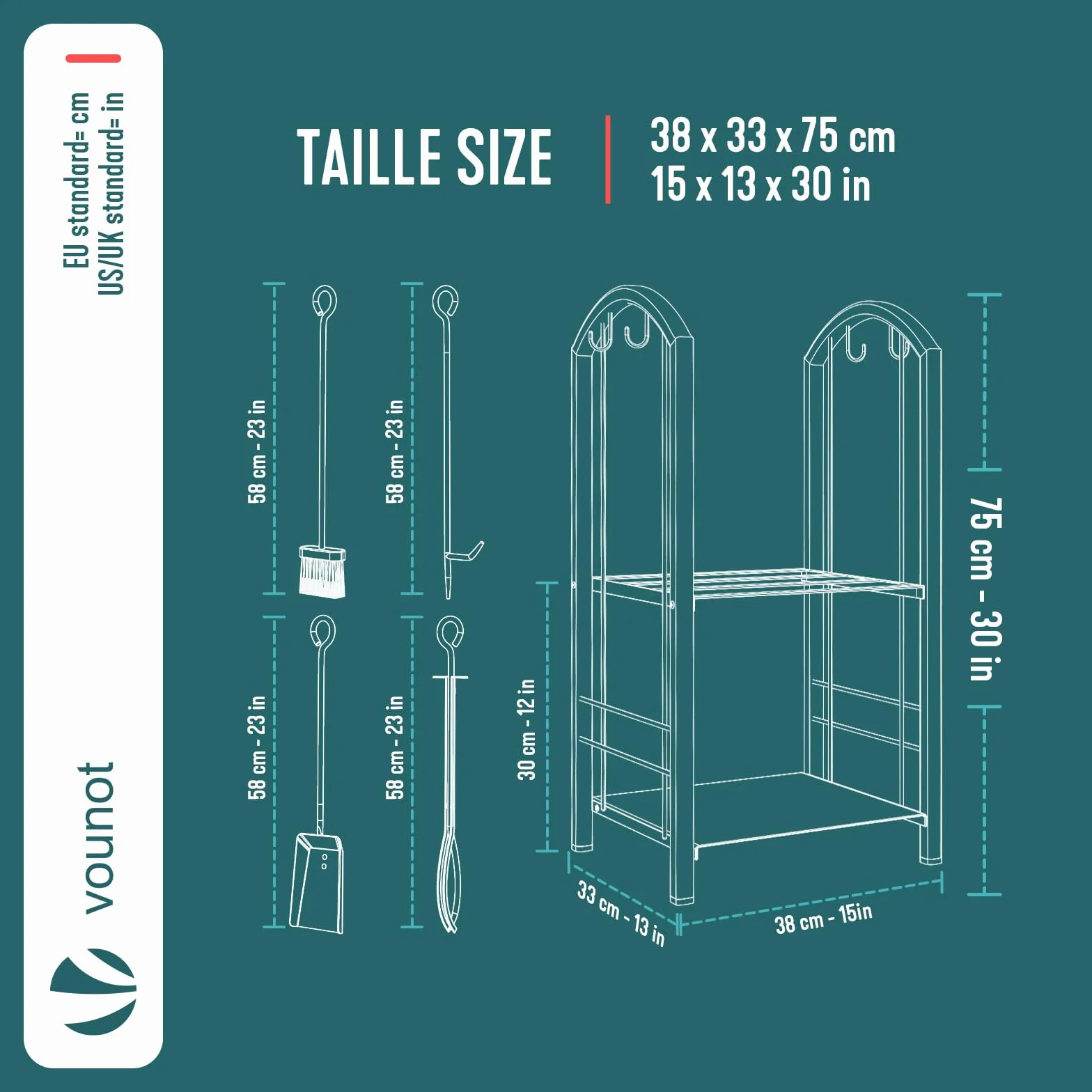 VOUNOT Porte Bûches de Cheminée avec 4 Outils et 2 Étagères en Métal Grande Capacité 75x38x38cm Noir