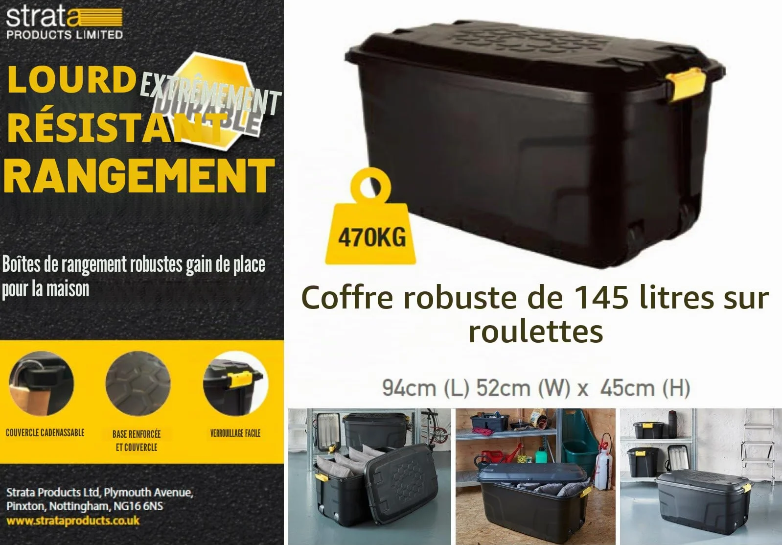 Ward 145 L Coffre de Rangement sur roulettes Noir