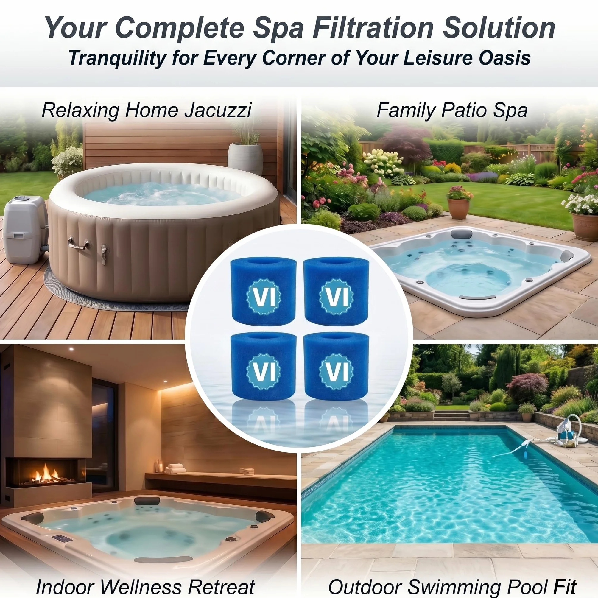 Lot de 4 Filtres Spa Type VI, Cartouche Filtrante en Mousse 90352E, 10,6 x 8 cm