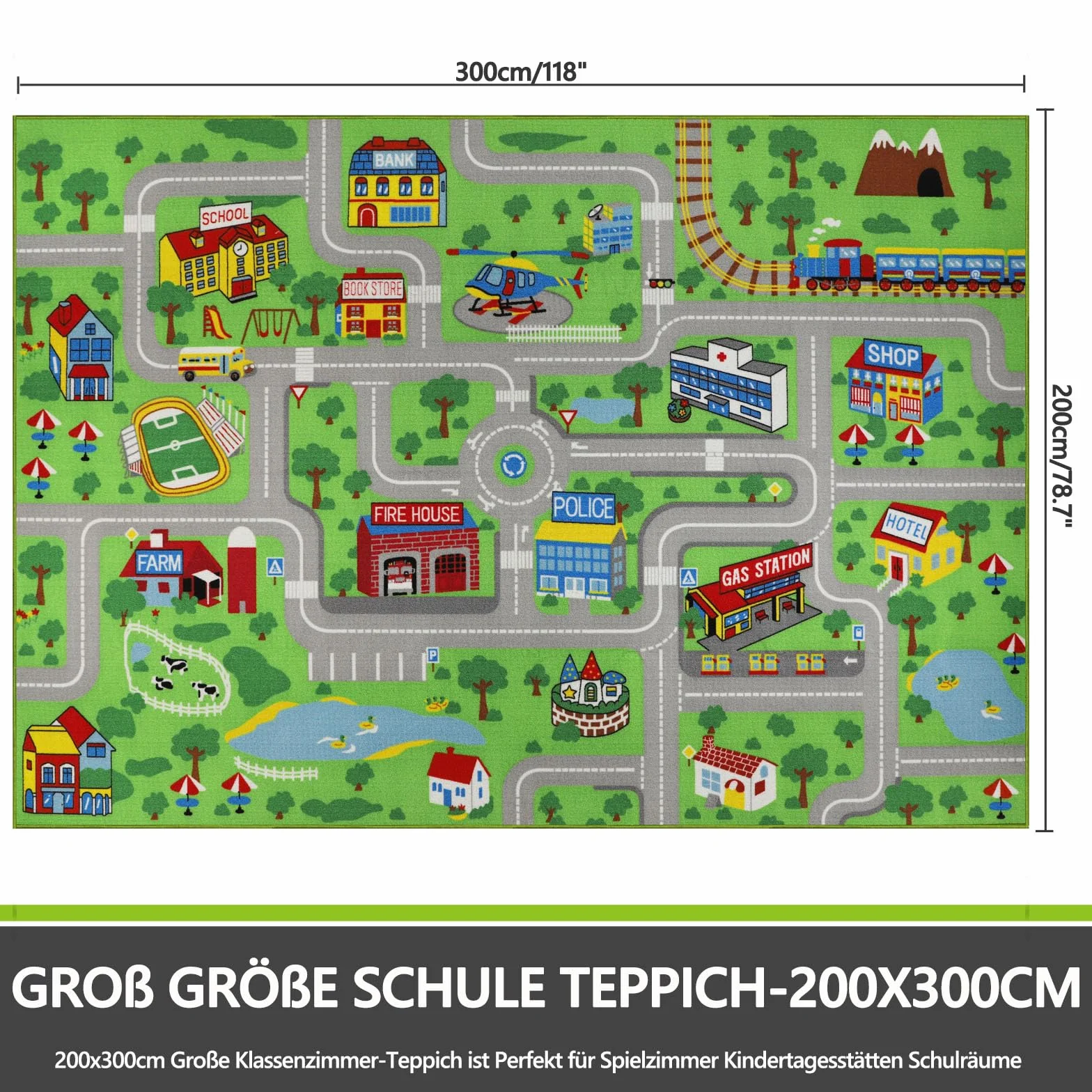 Tapis de salle de classe 200 x 300 cm - Tapis pour enfants - Voitures circulation routière - Jouet tout-petit