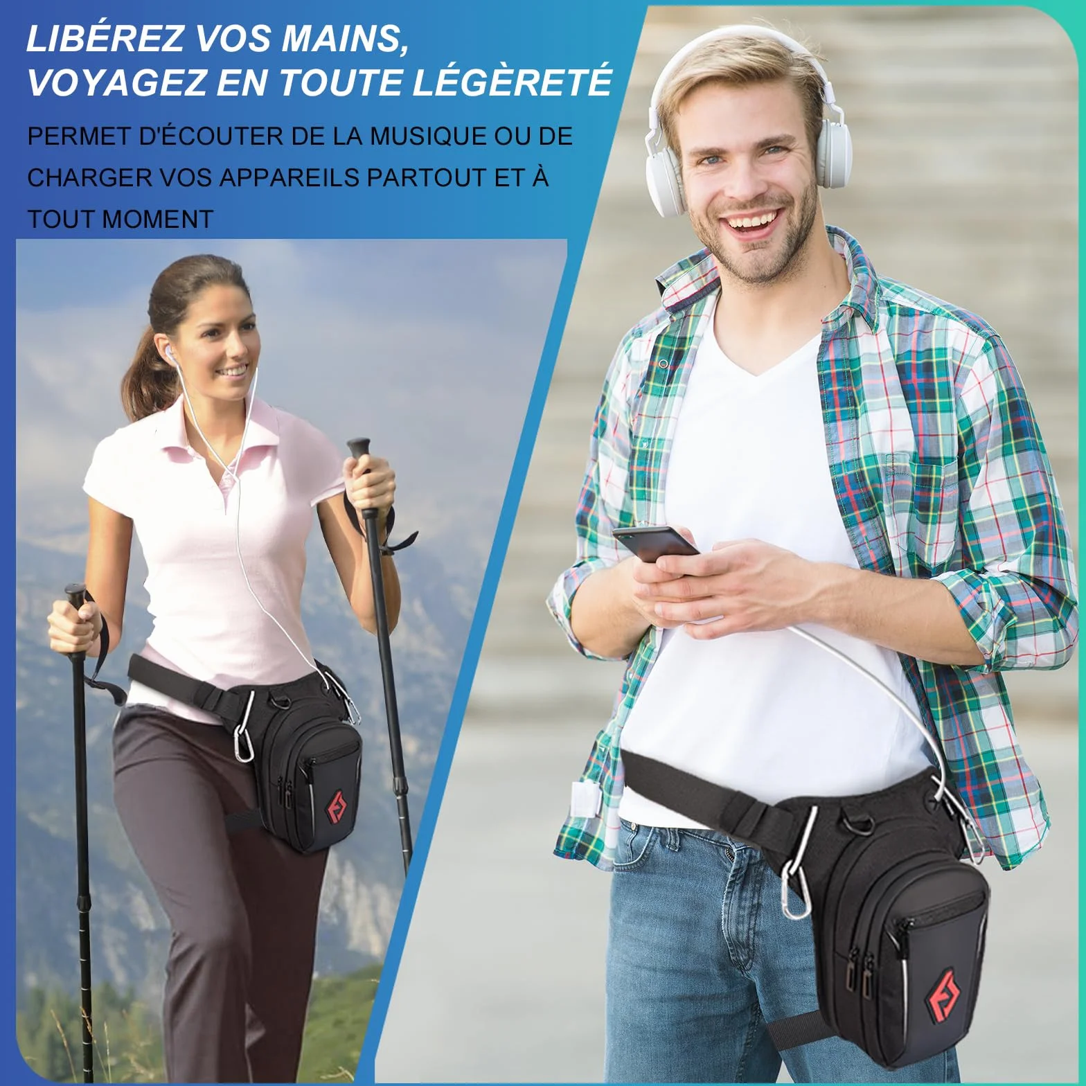 Eshow Sacoche de Jambe Moto Capacité Extensible, Sac Banane Femme Homme avec Bande Réfléchissante, Ceinture et Sangle de Jambe Réglables, 2 Mousquetons pour Randonnée Pêche