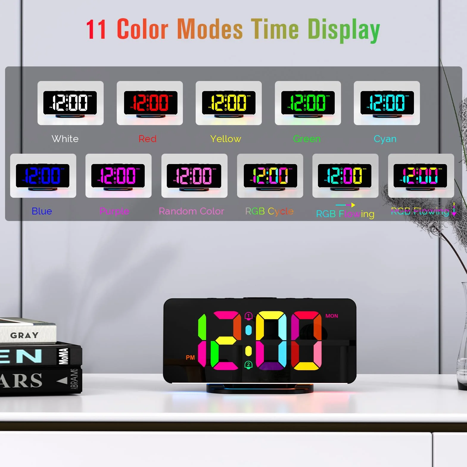 CHEREEKI Réveil Numérique 2 Alarmes Snooze 10 Modes Éclairage Nocturne RGB LED 11 Couleurs Port USB Jour Semaine
