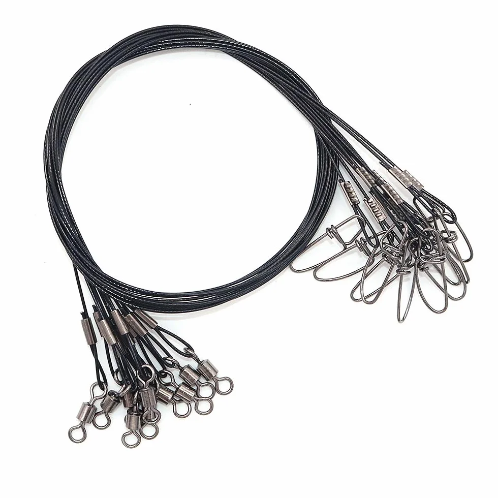 Lot de 20 câbles de pêche en acier inoxydable avec émerillons et boutons-pression, haute résistance pour ligne de pêche – 66,7 kg – Noir