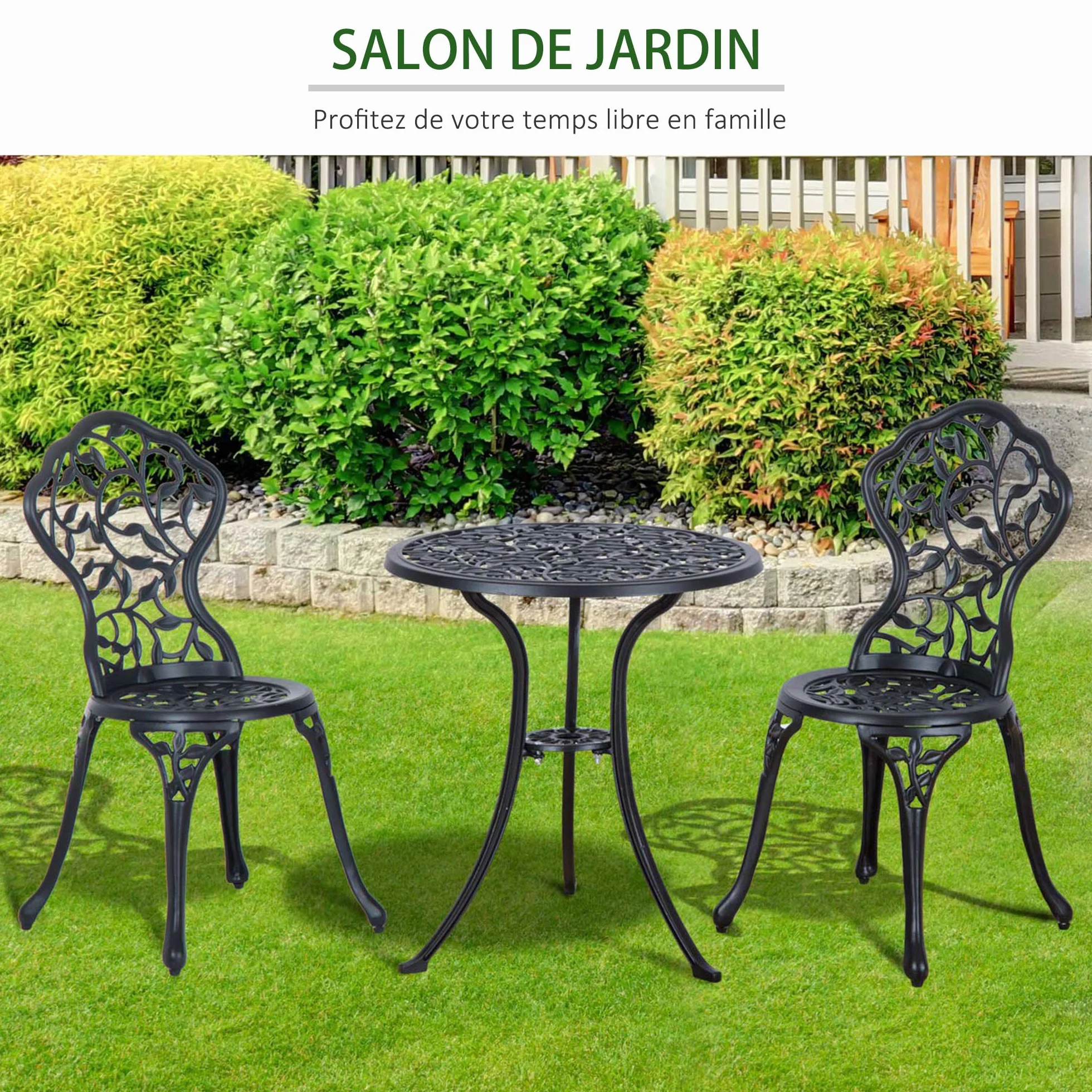 Outsunny Ensemble de bistrot 3 pièces Fonte Aluminium Table Ronde Noir Jardin extérieur