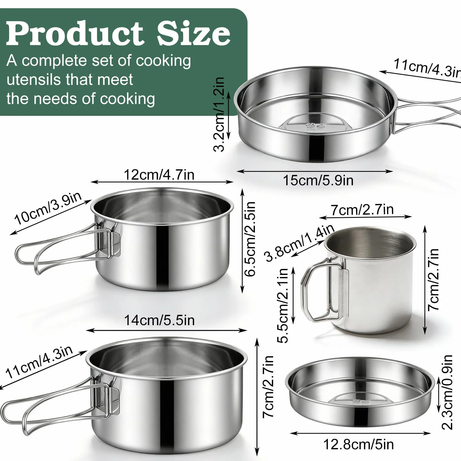 Lot de 5 Batterie de Cuisine de Camping, Kit de Casseroles Camping, Kit de Casseroles de Camping, en Acier Inoxydable avec Sac de Rangement et gobelet Pliable pour 1 à 3 Pique-niques