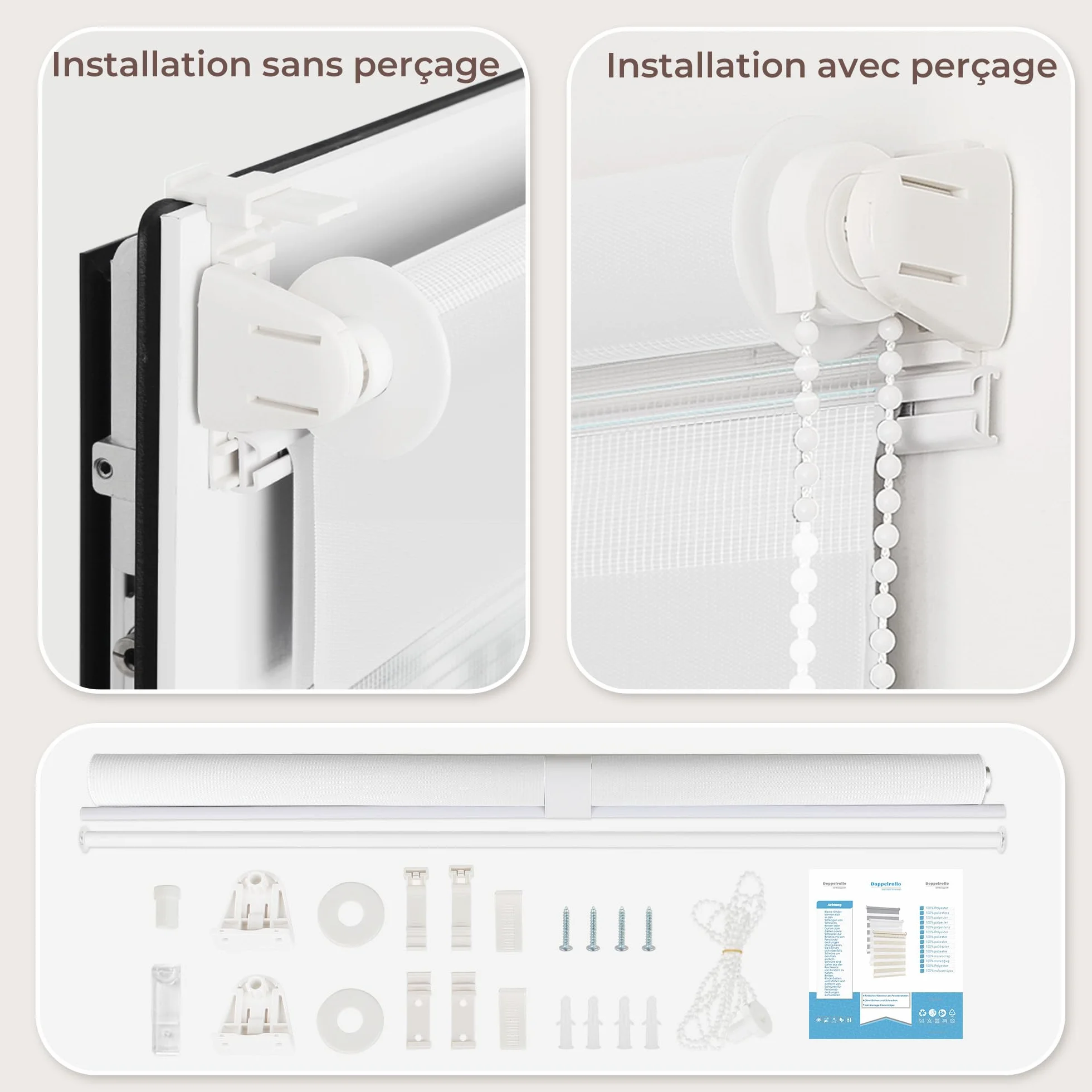 Enrouleur Jour Nuit sans Perçage 45x150 cm Blanc pour Fenêtre Porte