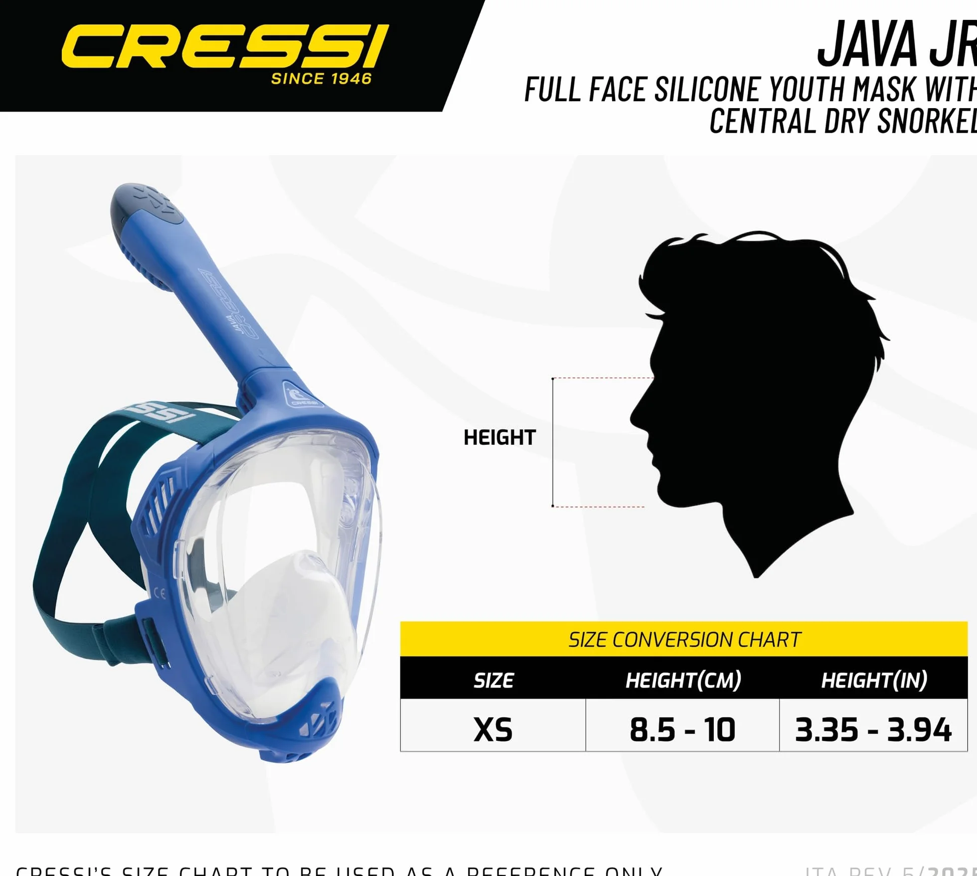 CRESSI Java Full Face Mask Masque Intégral Snorkeling Lentille Anti Buée Ultra Claire 100% Silicone Tuba Sec