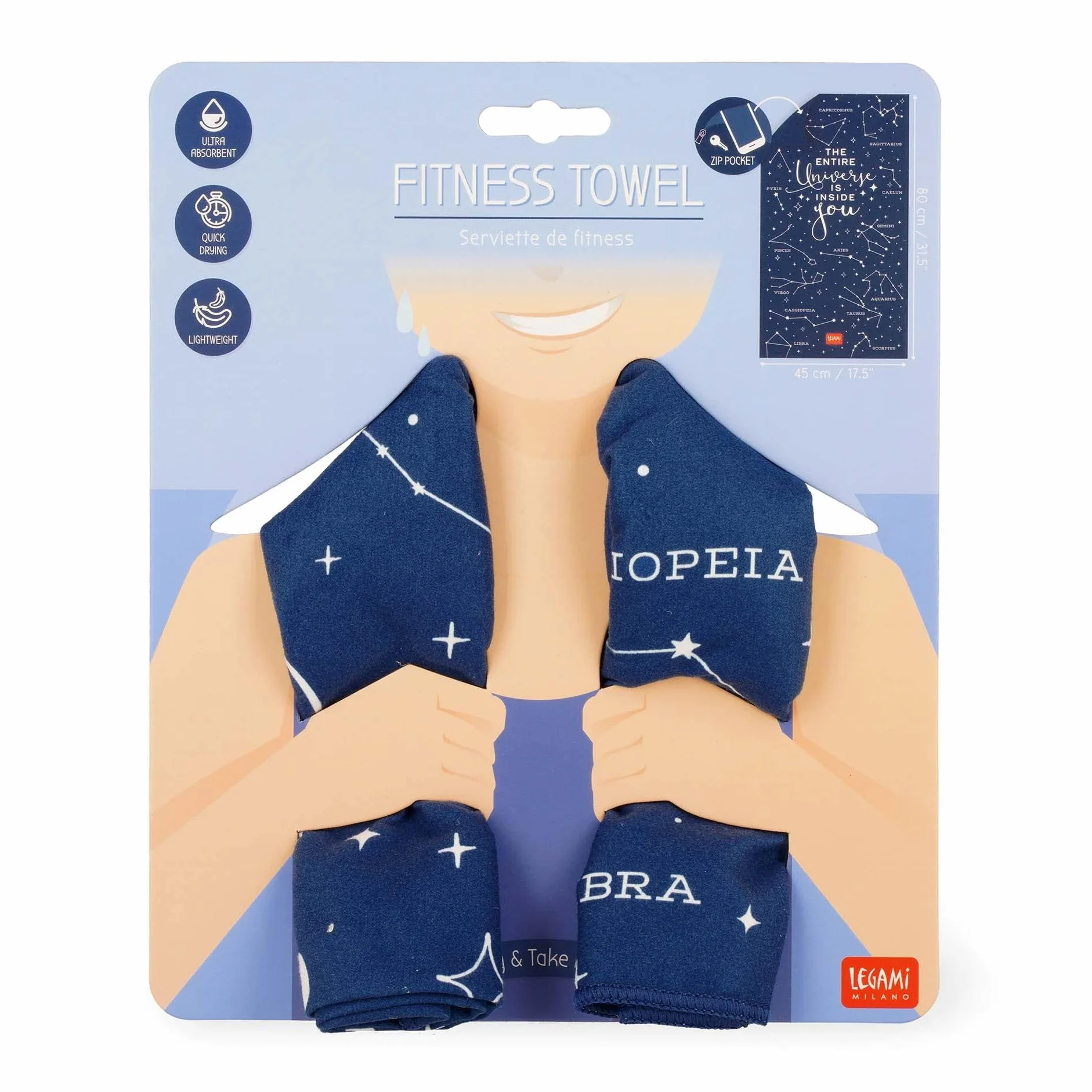 Legami - Serviette de fitness, serviette de gym, serviette en microfibre avec poche zippée, avec élastique, compact, séchage rapide, ultra absorbant, ultra léger, pour sport, 45 x 80 cm, thème étoiles