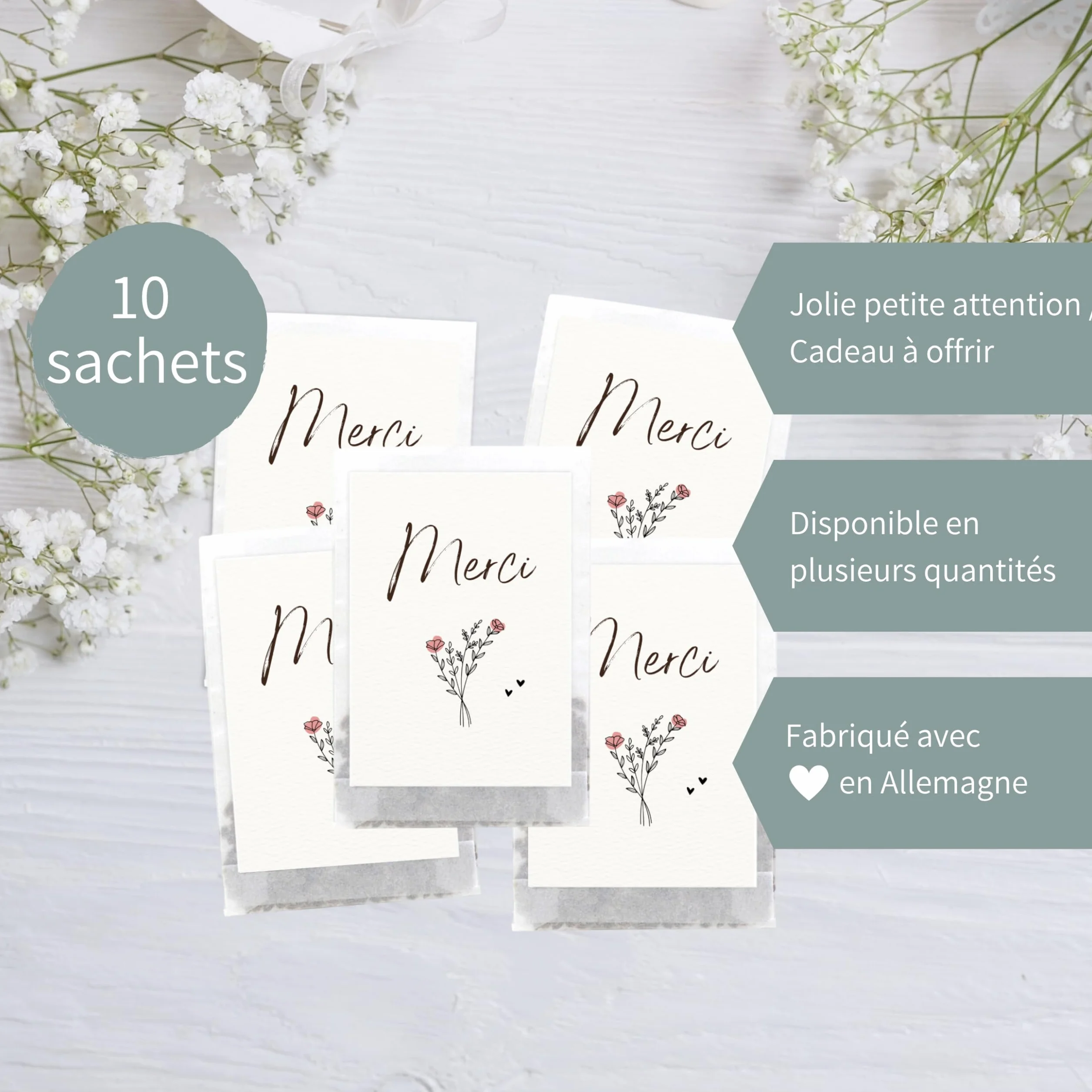 Graines de fleurs Merci 10 sachets Cadeaux de remerciement originaux pour invités collègues éducatrices anniversaire enfant mariage