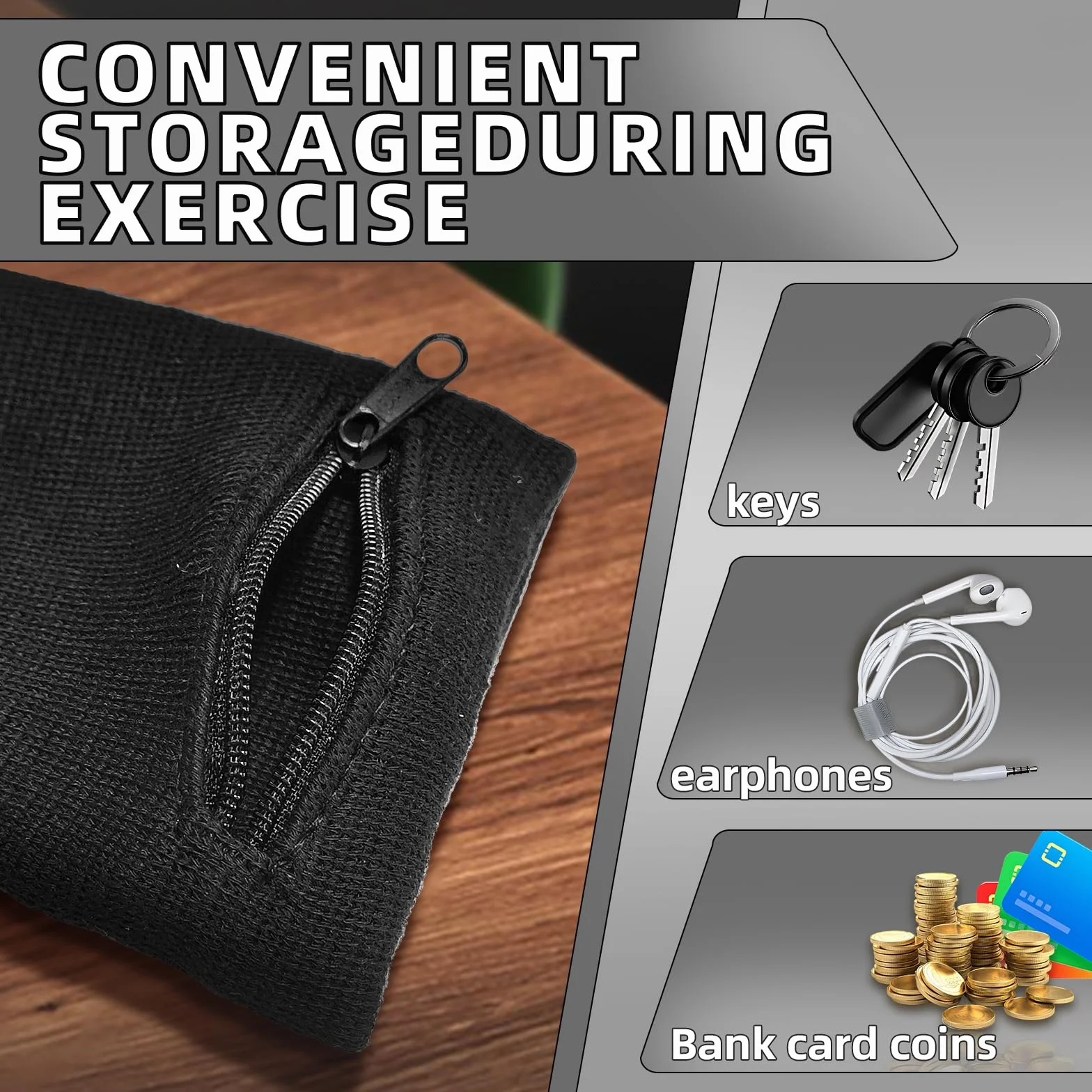 Pochette de Sport 4 Pièces avec Fermeture éclair, Bracelet Bandeau Poignet Poche Zippée Respirant pour Clé Monnaie Rangement Gym Randonnée