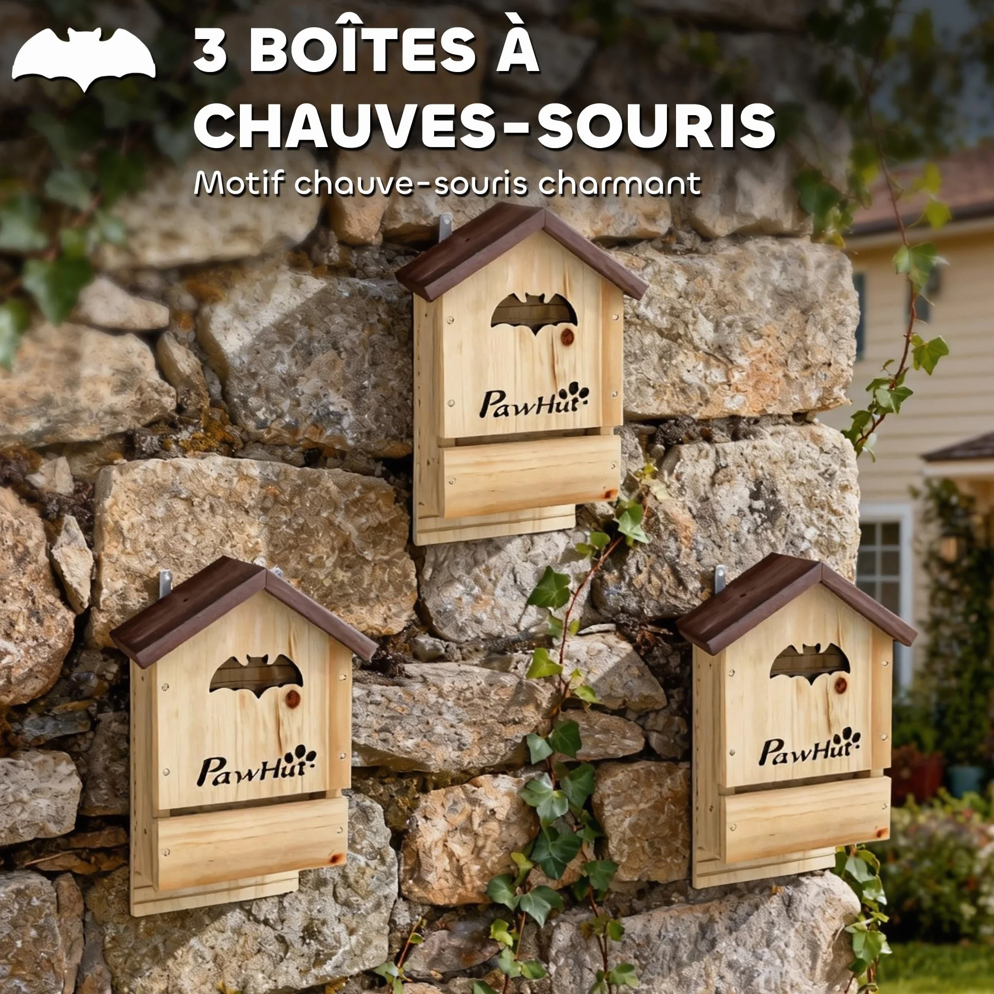 PawHut Lot de 3 Nichoirs Chauve Souris en Bois 21,5 x 11,5 x 34 cm