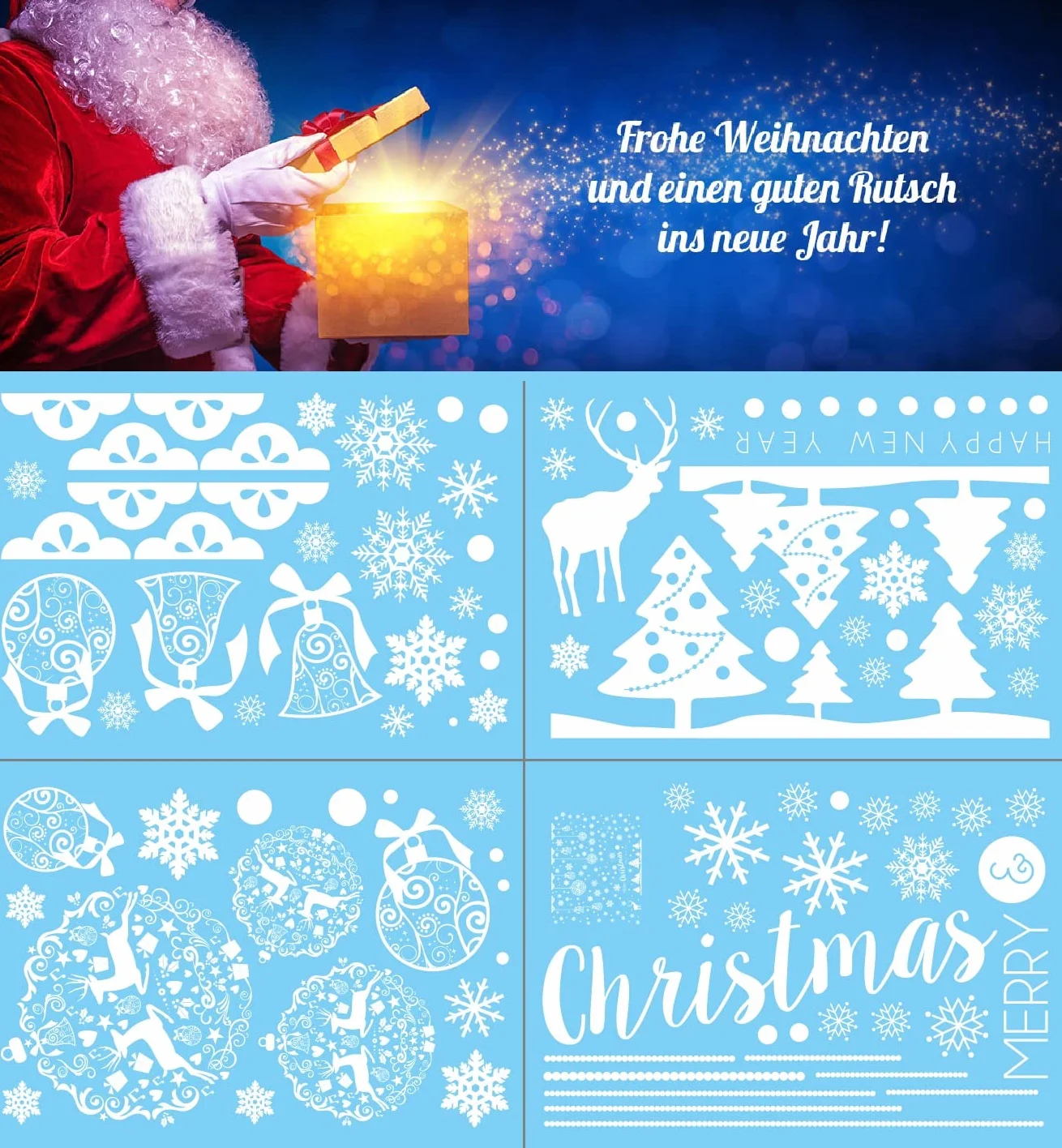 Autocollant fenêtre Noël réutilisable XXL Boules de Noël Flocons de Neige Blanc Décoration Vitres Vitrine Électrostatique Grande
