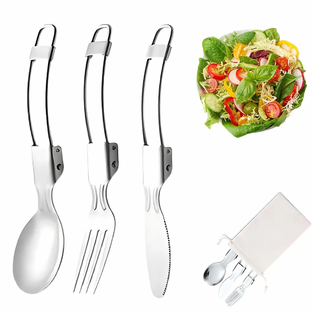 3pcs Vaisselle Pliante en Acier Inoxydable, Couvert Camping Multifonction, Vaisselle de Voyage, Vaisselle de Camping en Acier Inoxydable pour la Randonnée en Plein Air Pique-Nique Voyage