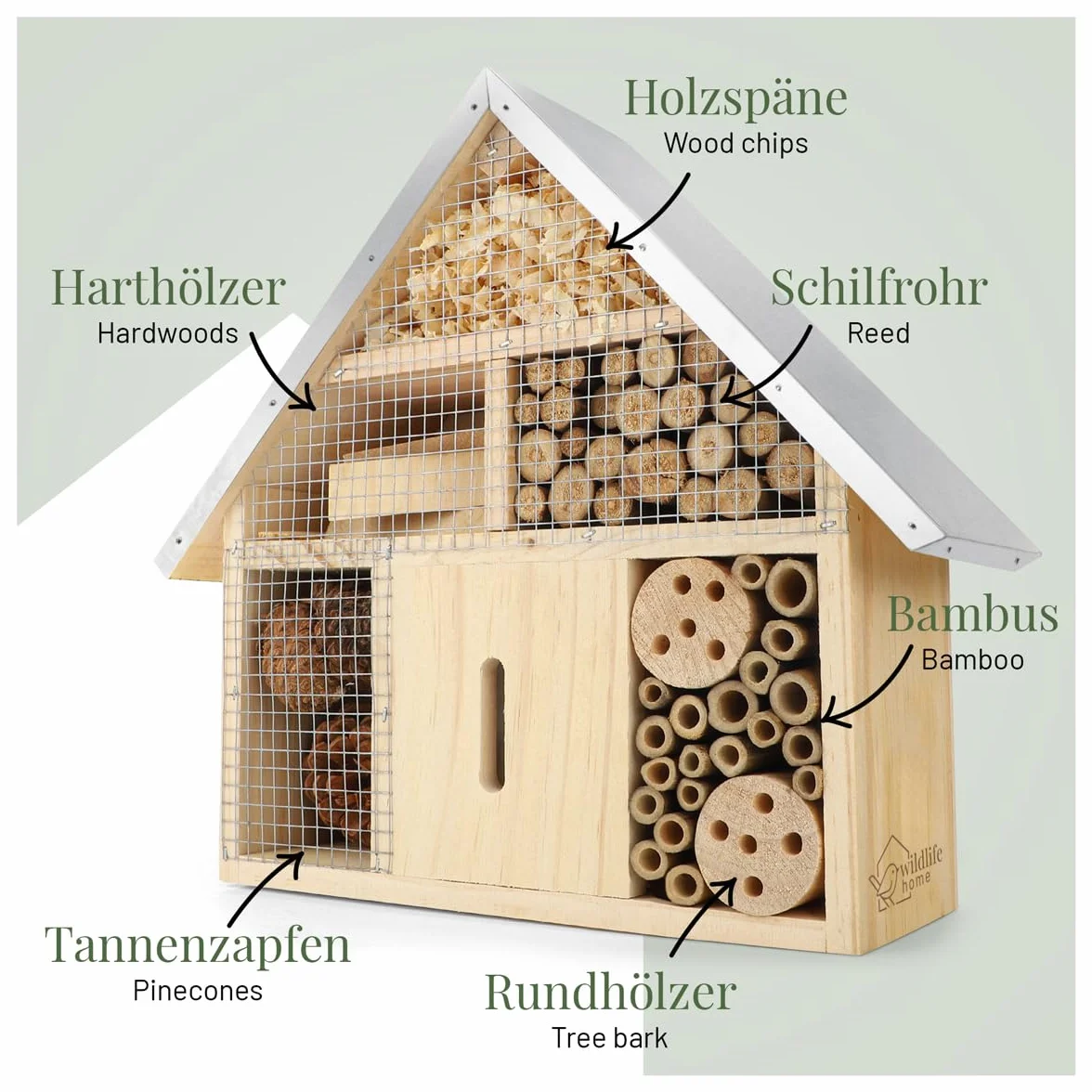 Hôtel à insectes WILDLIFE HOME en bois naturel pour abeilles sauvages, coccinelles et papillons