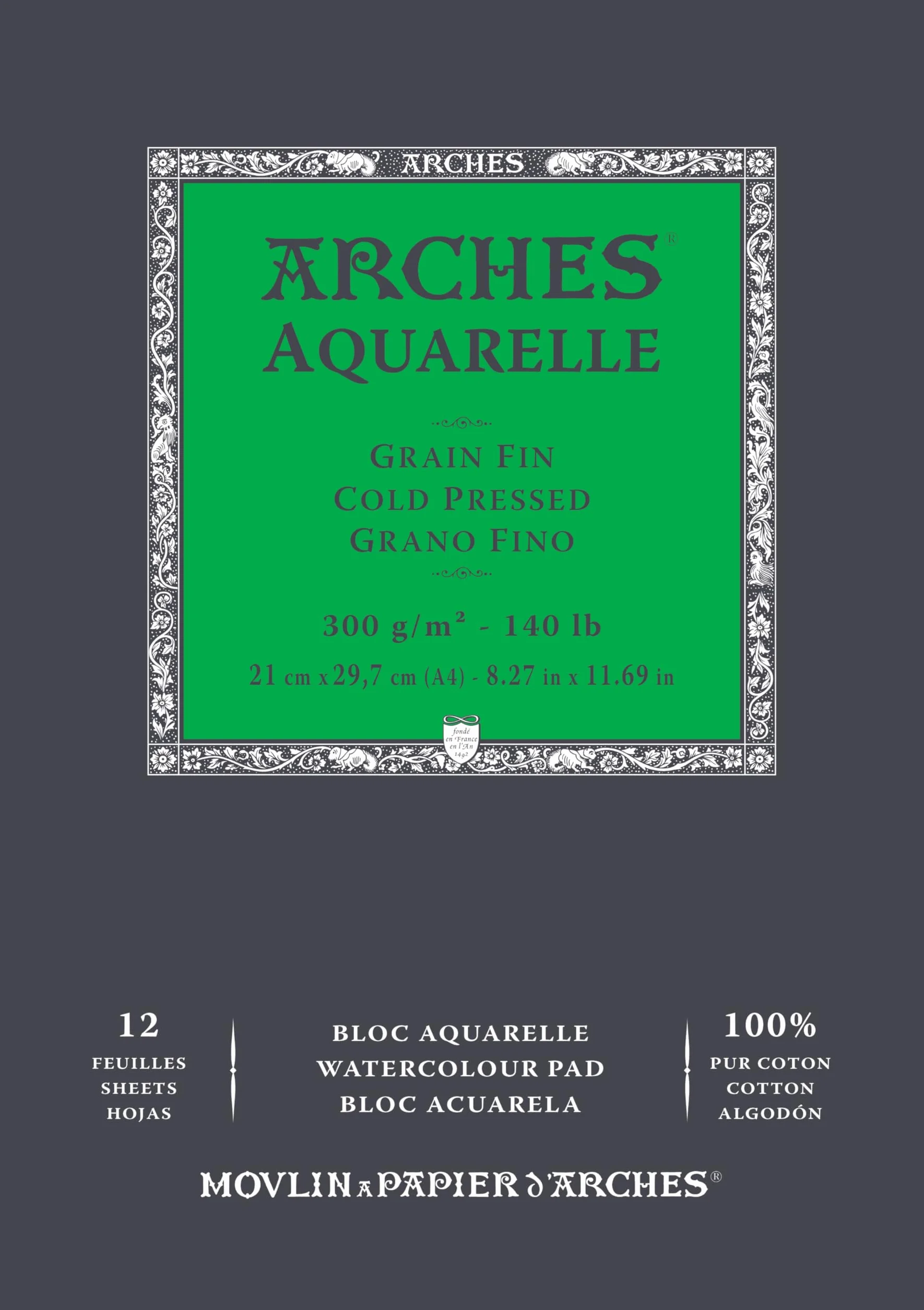 ARCHES Aquarelle Bloc 12 feuilles 21x29,7 300g/m² grain fin blanc naturel 4 bords francs