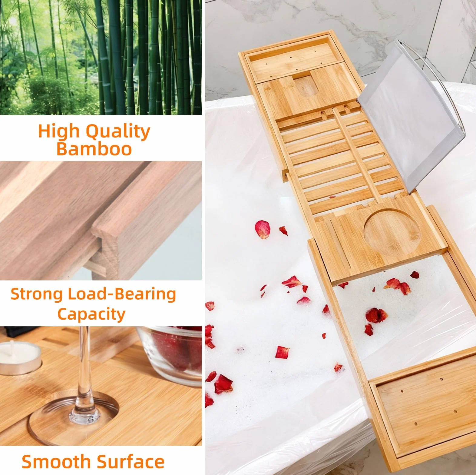 Plateau Baignoire Extensible Bambou Porte-Livre Réglable Antidérapant Naturel