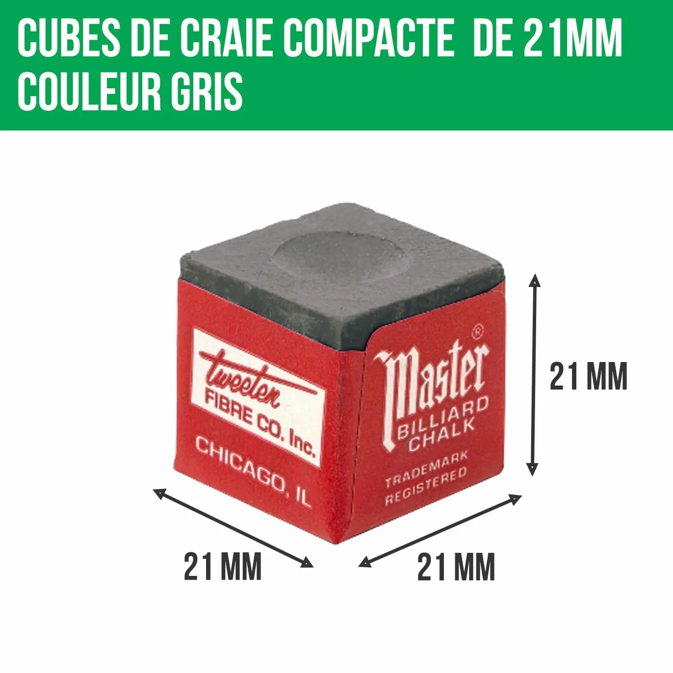 Craie de Billard Gris, Boîte de 12 Cubes Standards 21 mm, Craie pour Queue de Billard et Snooker, Adhérence Fine et Dense pour Contrôle, Effet et Précision de Tir