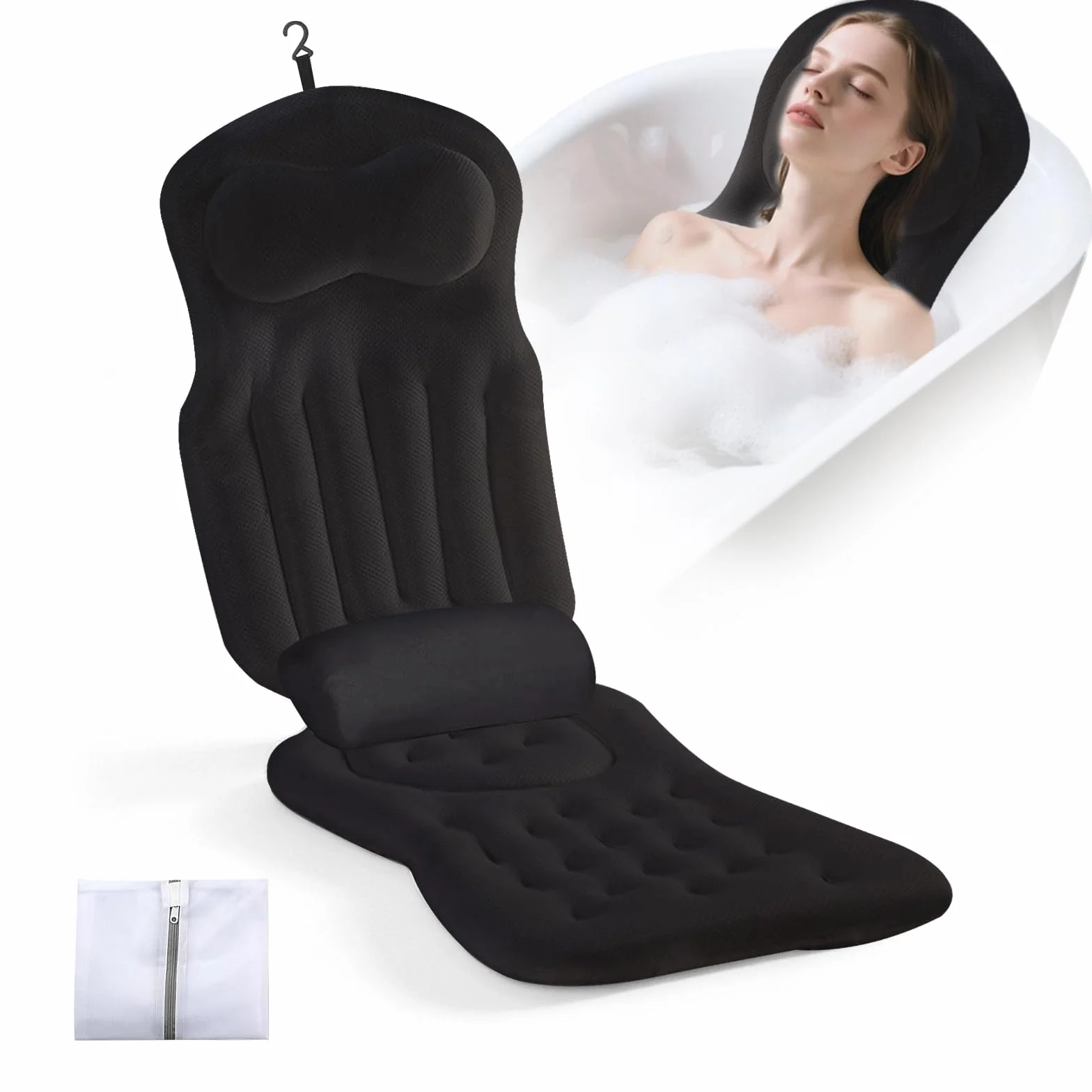Coussin de Baignoire Complet avec Appui-tête et Soutien Lombaire, Noir