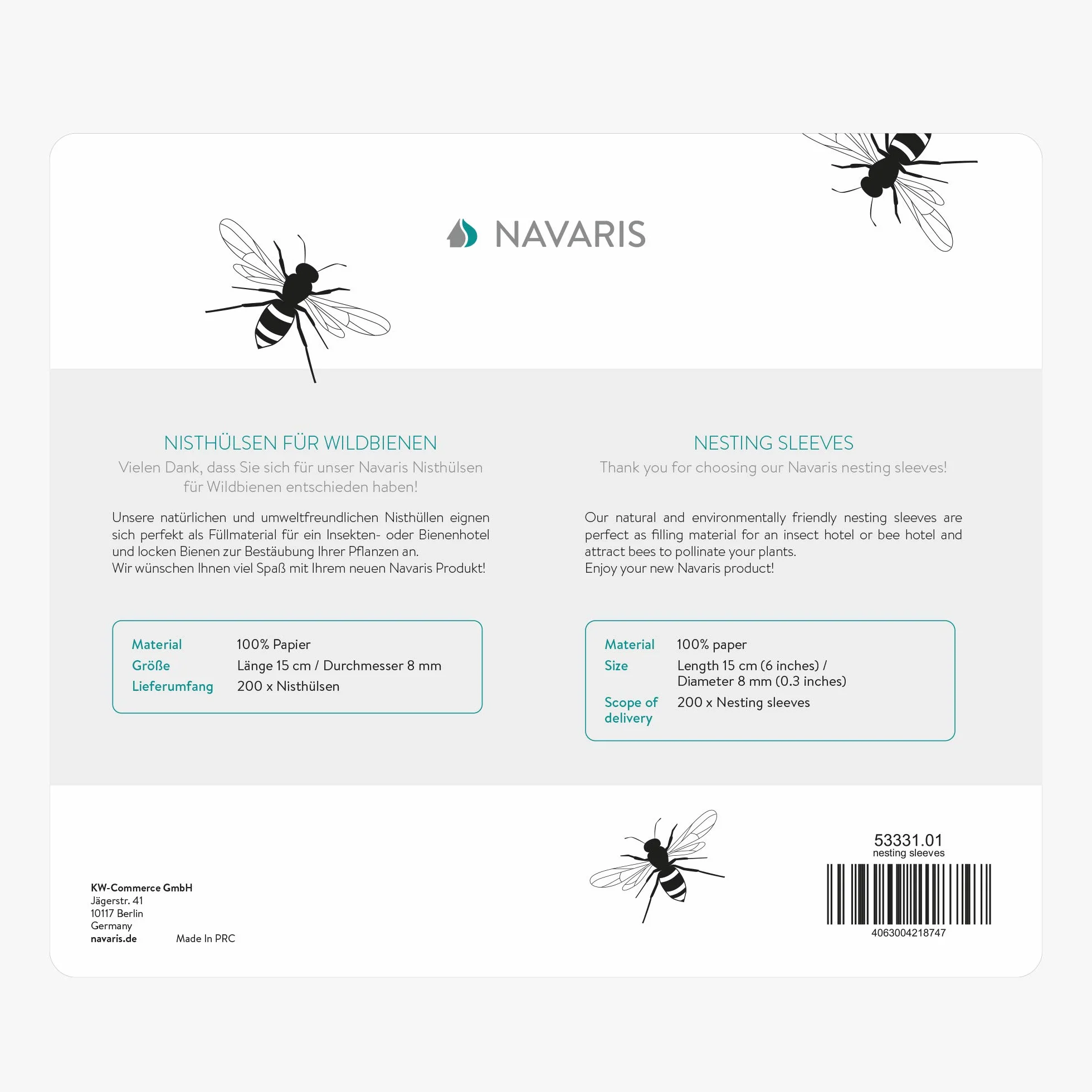 Navaris Tube en Papier pour Abeille 200x Recyclable Hôtel à Insectes Abri Refuge