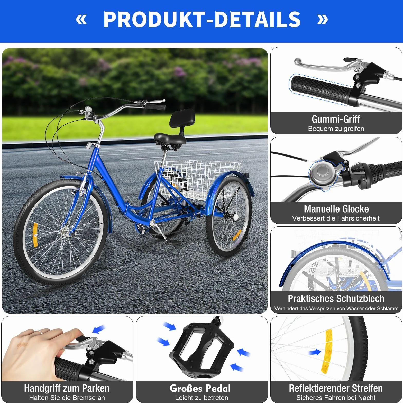 Tricycle pliable pour adulte 24 pouces 7 vitesses - 3 roues - Charge maximale : 120 kg - Vélo de ville - Vélo de trekking - Cruiser - Hauteur réglable - Frein en V - Avec panier de 25 kg - Sonnette