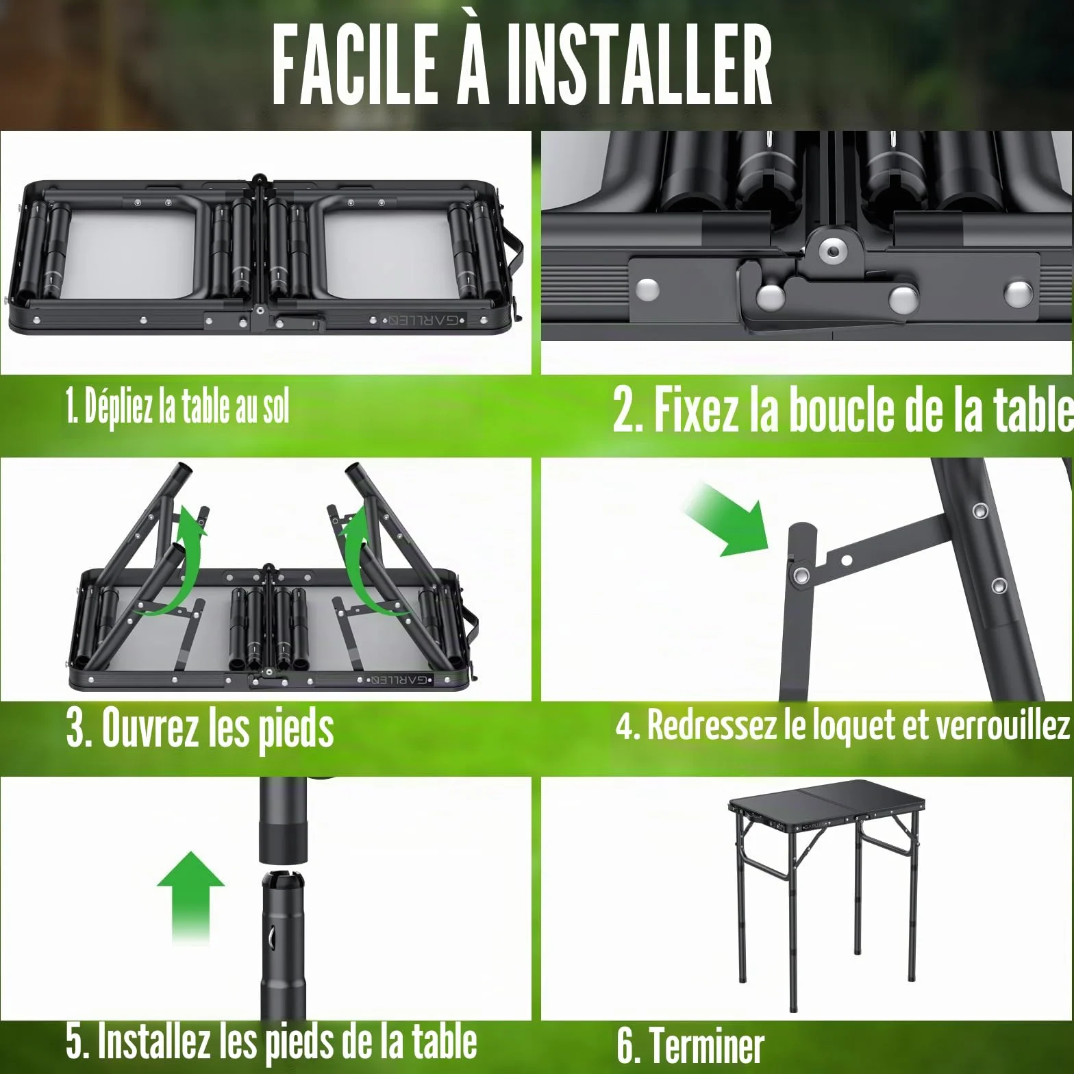 GARLLEN Table de Camping Pliante 58x40 cm 3 Hauteurs Réglables Noir