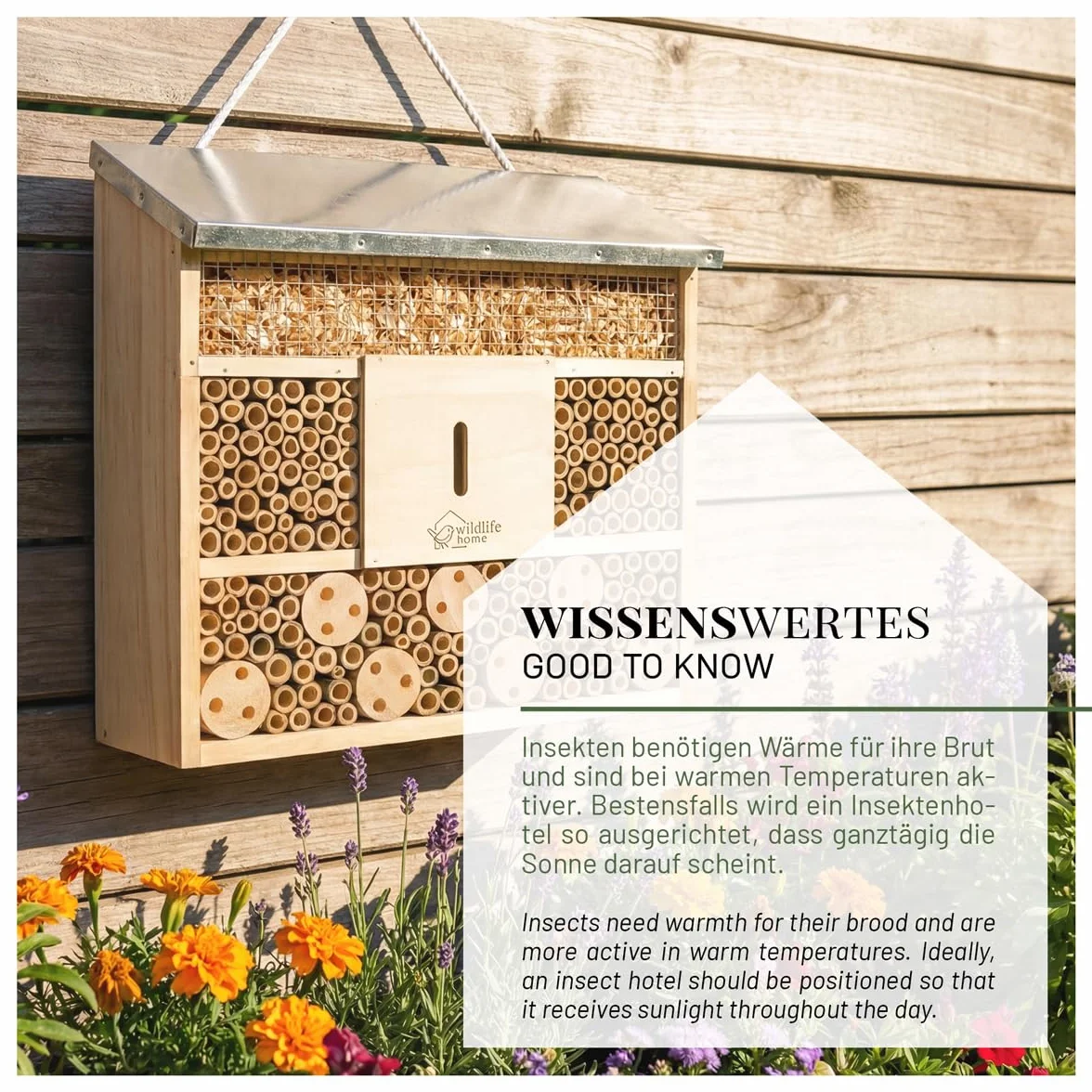 Hôtel à insectes WILDLIFE HOME avec toit en métal, bois massif non traité pour abeilles, coccinelles et chrysopes