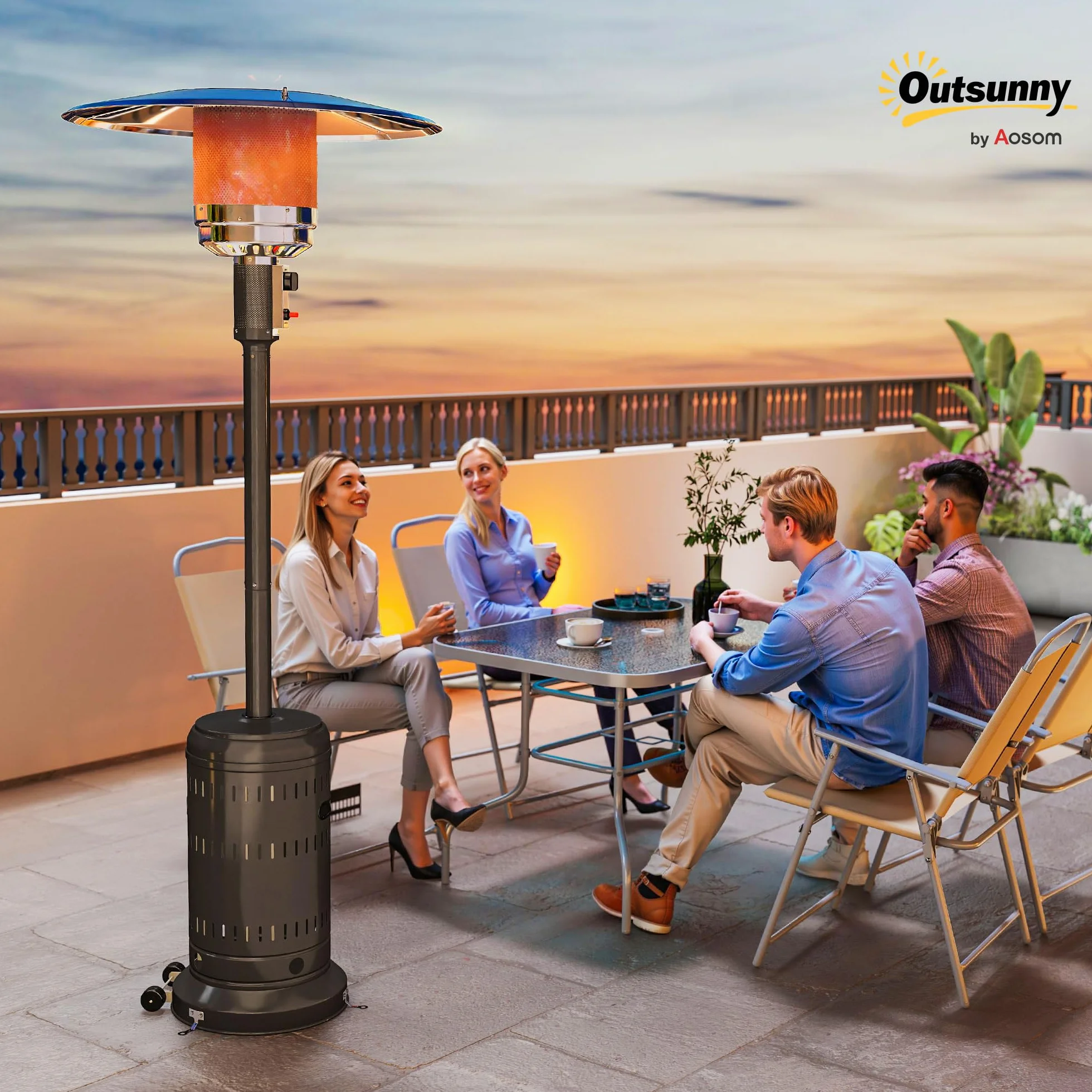 Outsunny Parasol Chauffant Gaz Portable 11 KW avec Protection Anti-Basculement, Noir