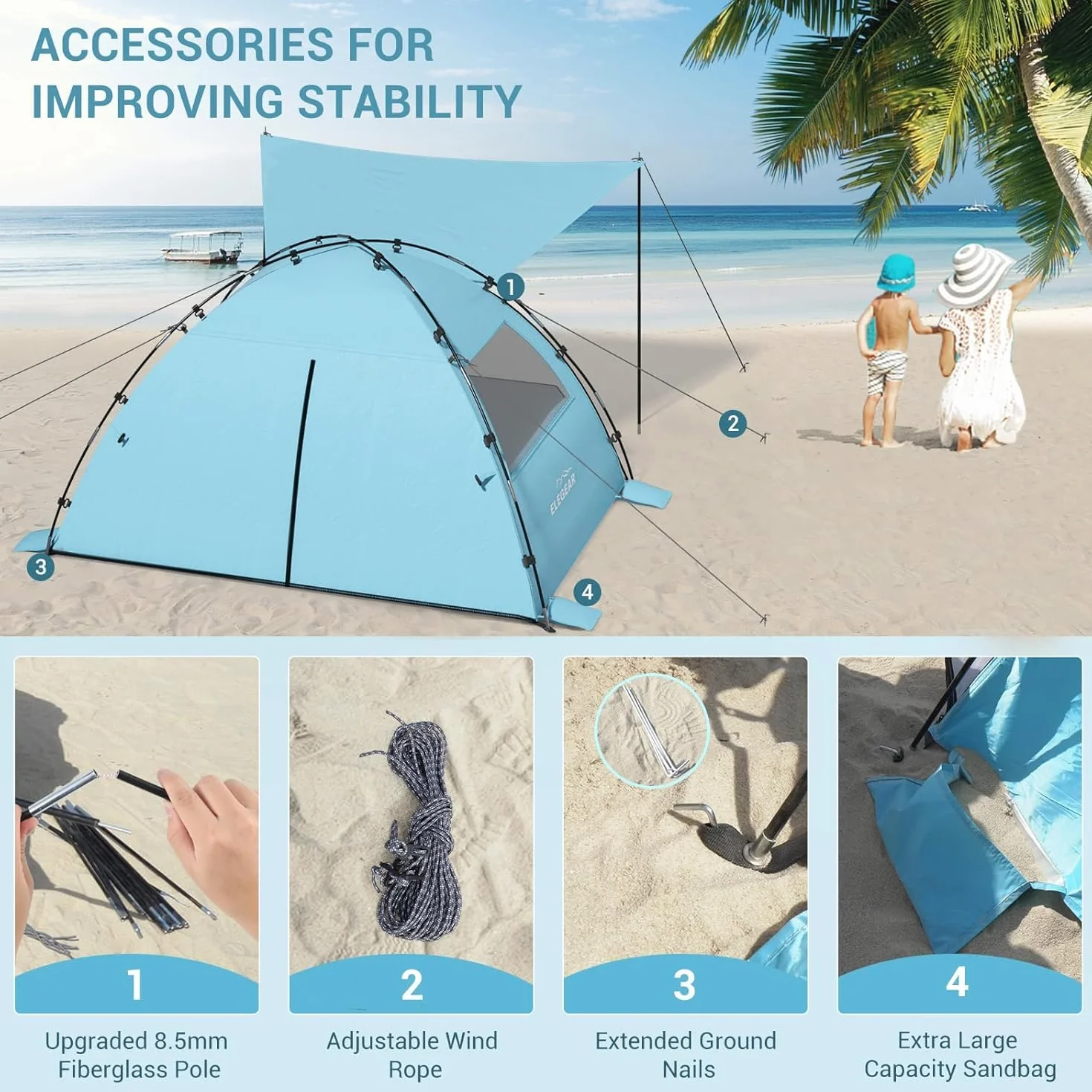 Elegear Tente de Plage Anti UV UPF 50+, Tente de Camping Famille avec Auvent pour 6-7 Personnes Ultralight Portable Abri de Plage avec Sac de Transport pour Extérieure Parc Pêche, 260*165*150CM, Bleu