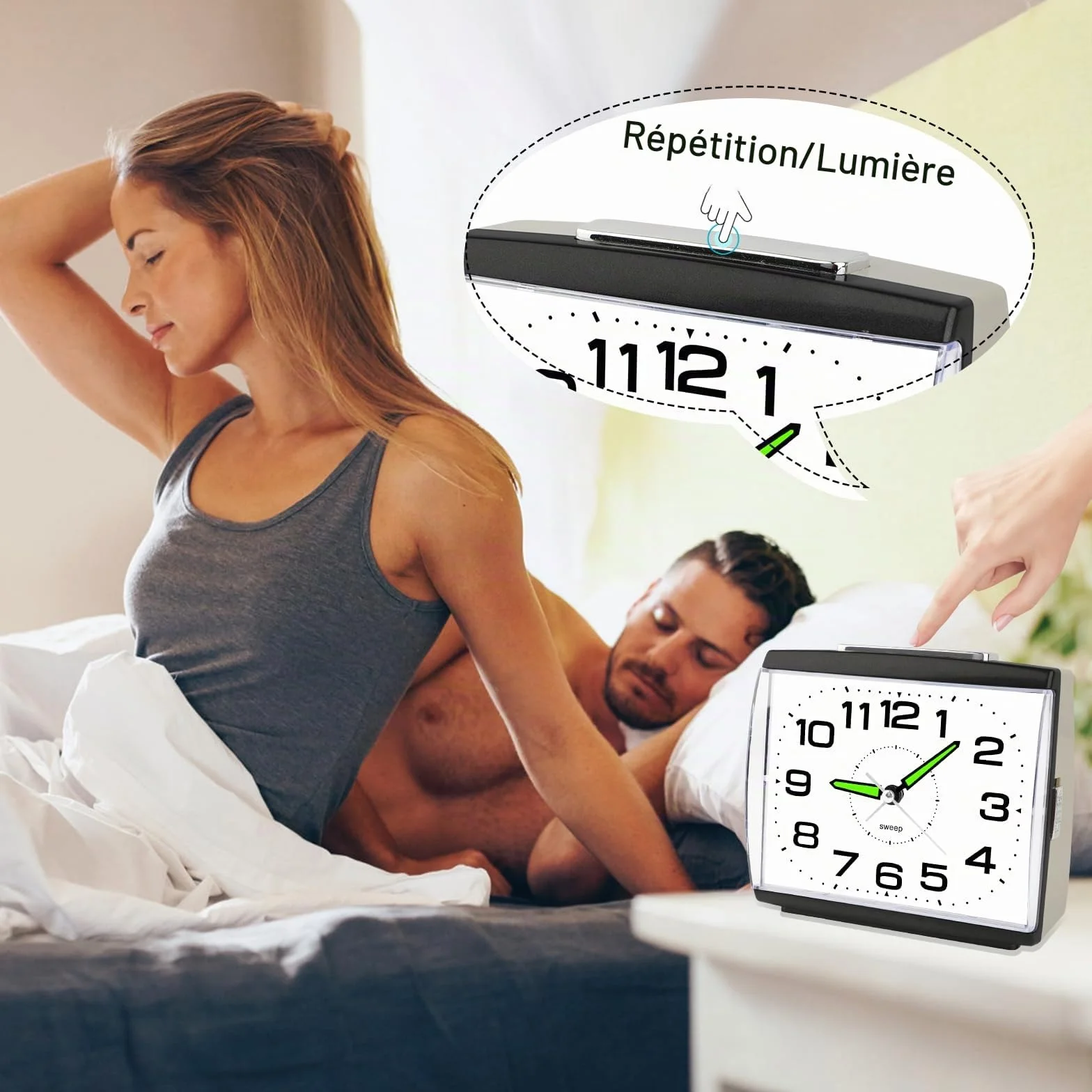 Réveil Matin à Piles Retro Silencieux Grand Cadran Analogique Quartz Alarme Vintage Lumineux Snooze