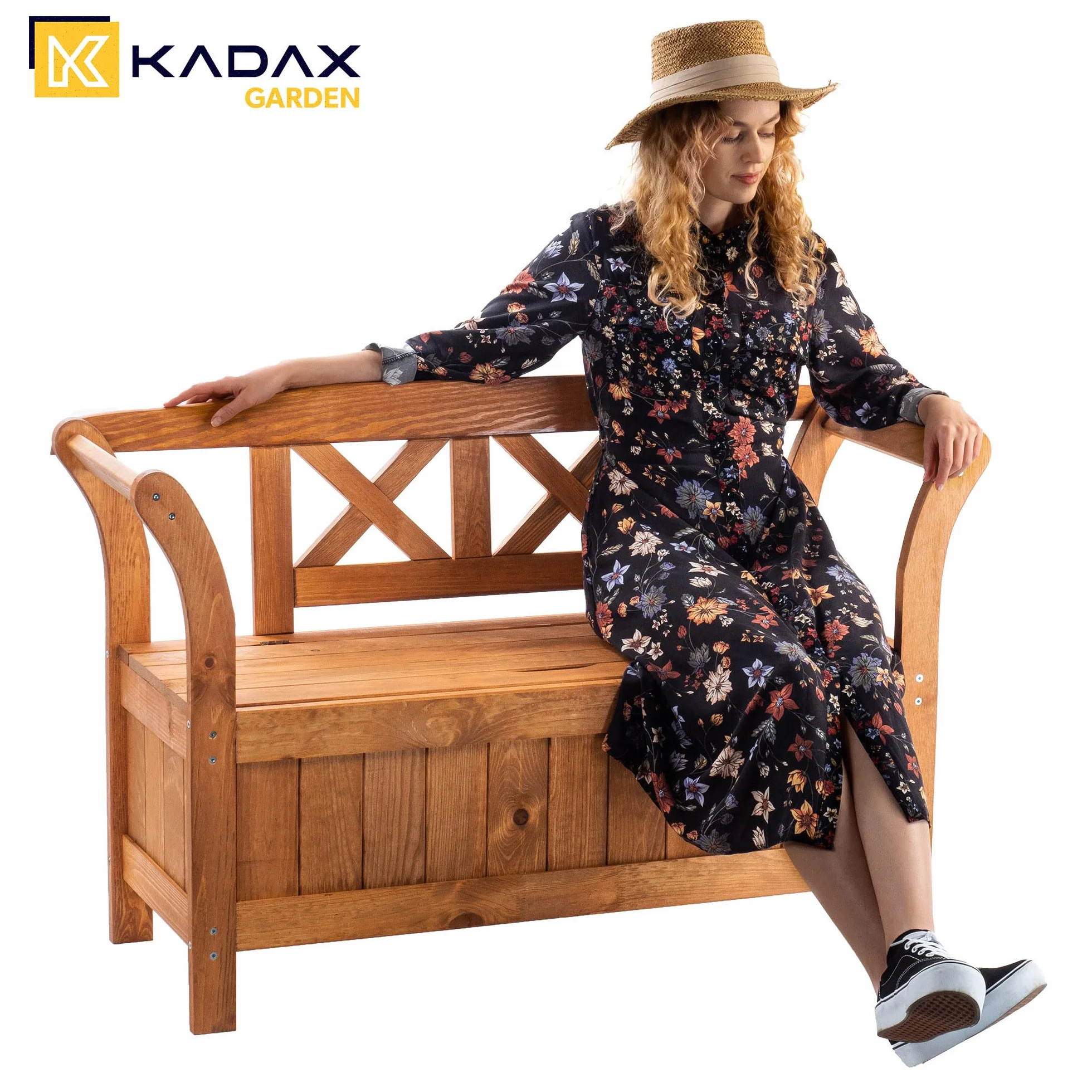 KADAX Banc de Jardin 119x43x75 cm Panneau de Fibres de Bois avec Rangement Dossier Résistant aux intempéries Chêne doré