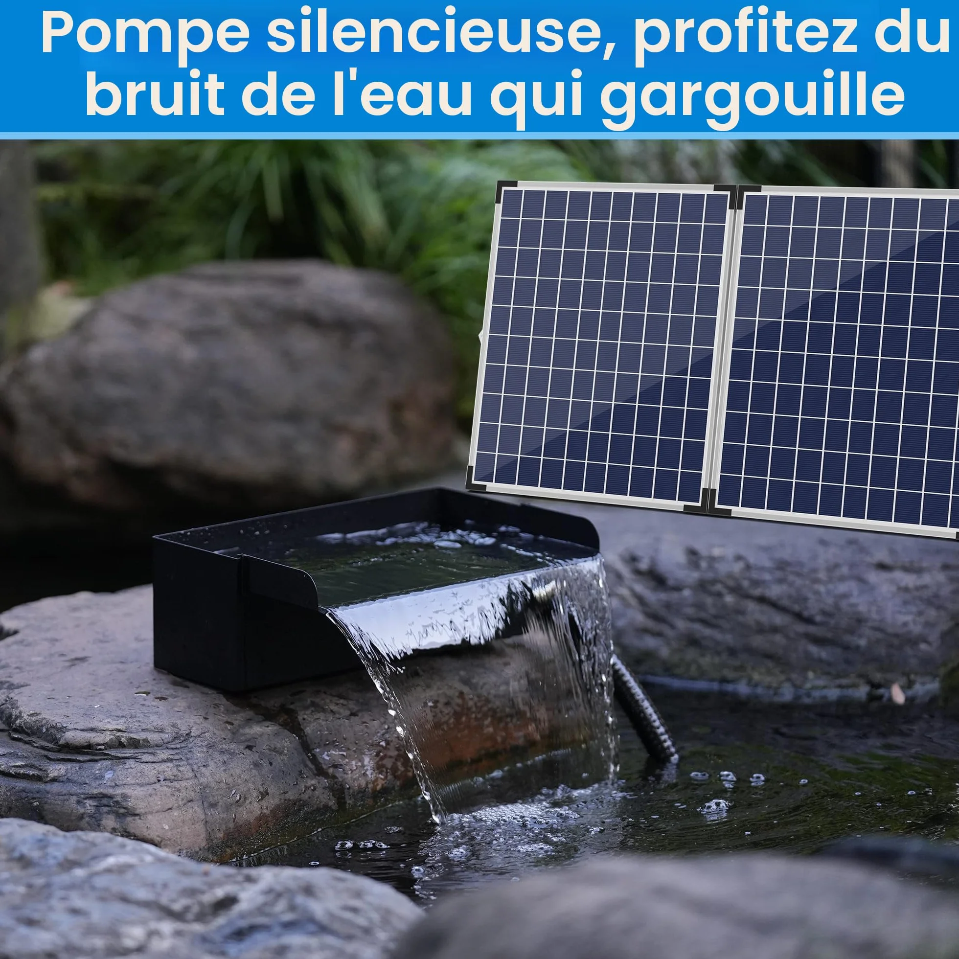Biling Kit cascade solaire bassin jardin acier inoxydable 20 cm pompe 2100 l/h