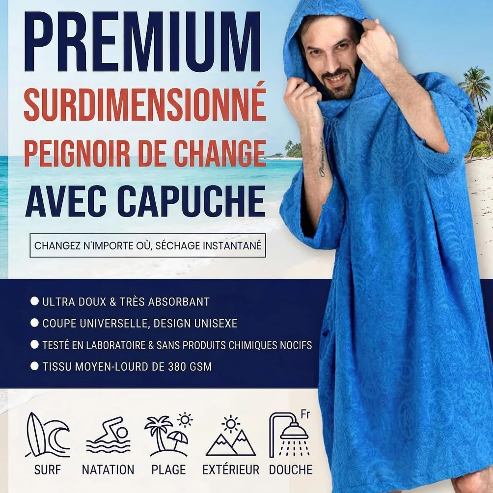 ALLEN & MATE Poncho de Surf à Capuche 100% Coton – Peignoir de Change Absorbant Plage & Piscine pour Homme et Femme